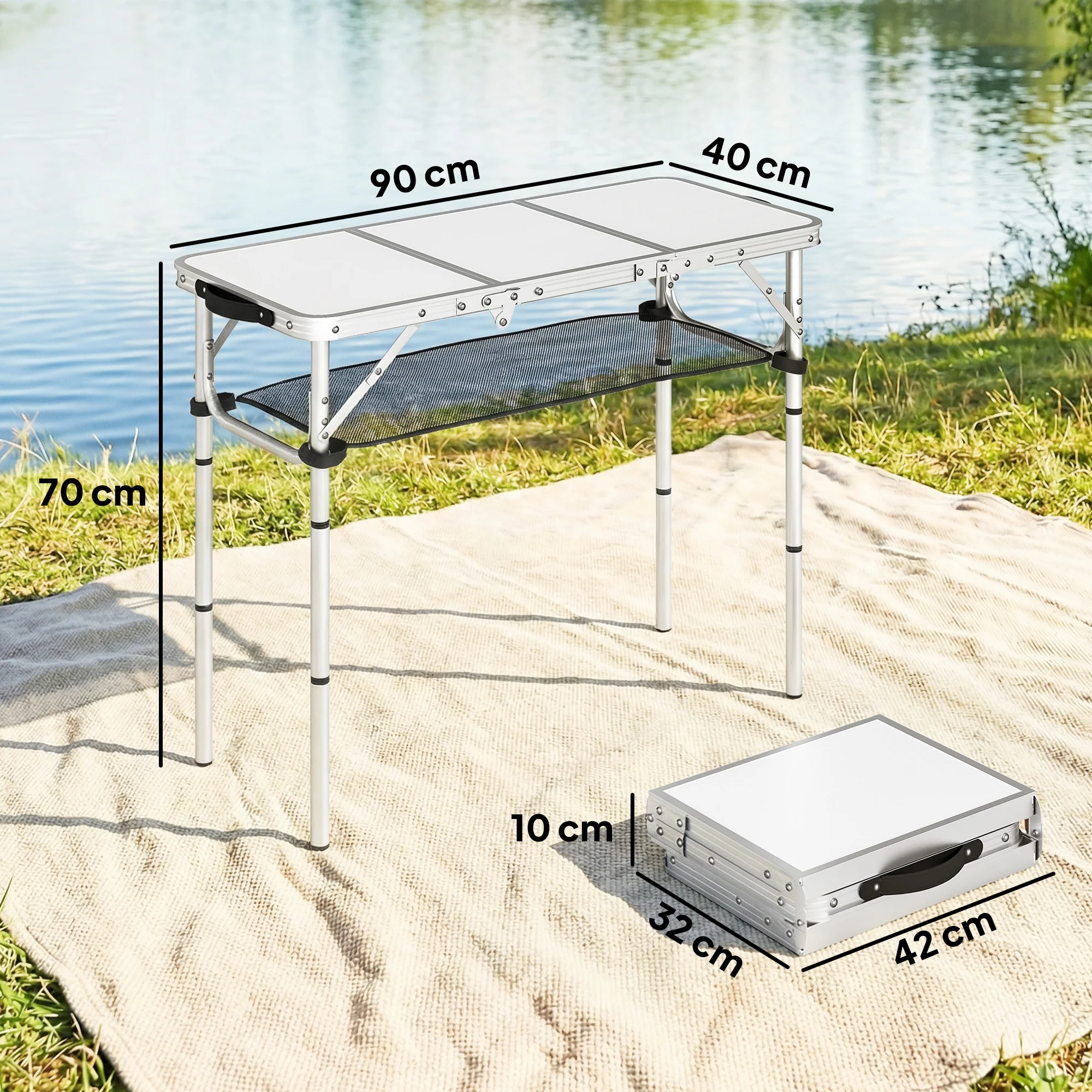 Outsunny 3ft Folding Camping Table, Picnic Table With Storage Layer, White - Image 3