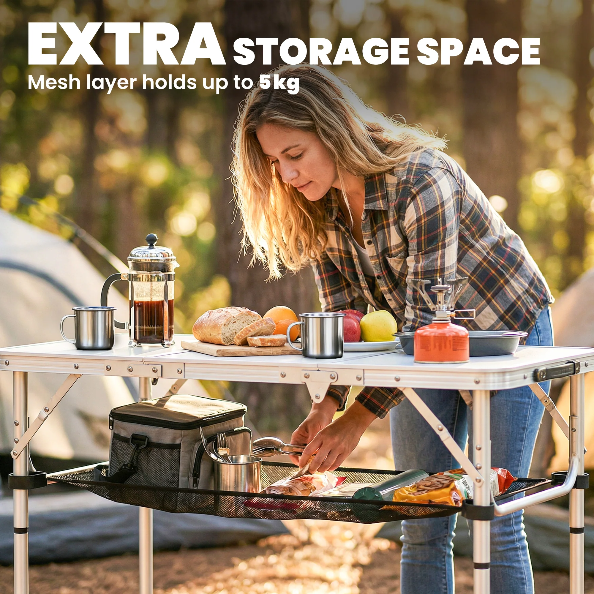 Outsunny 3ft Folding Camping Table, Picnic Table With Storage Layer, White - Image 5