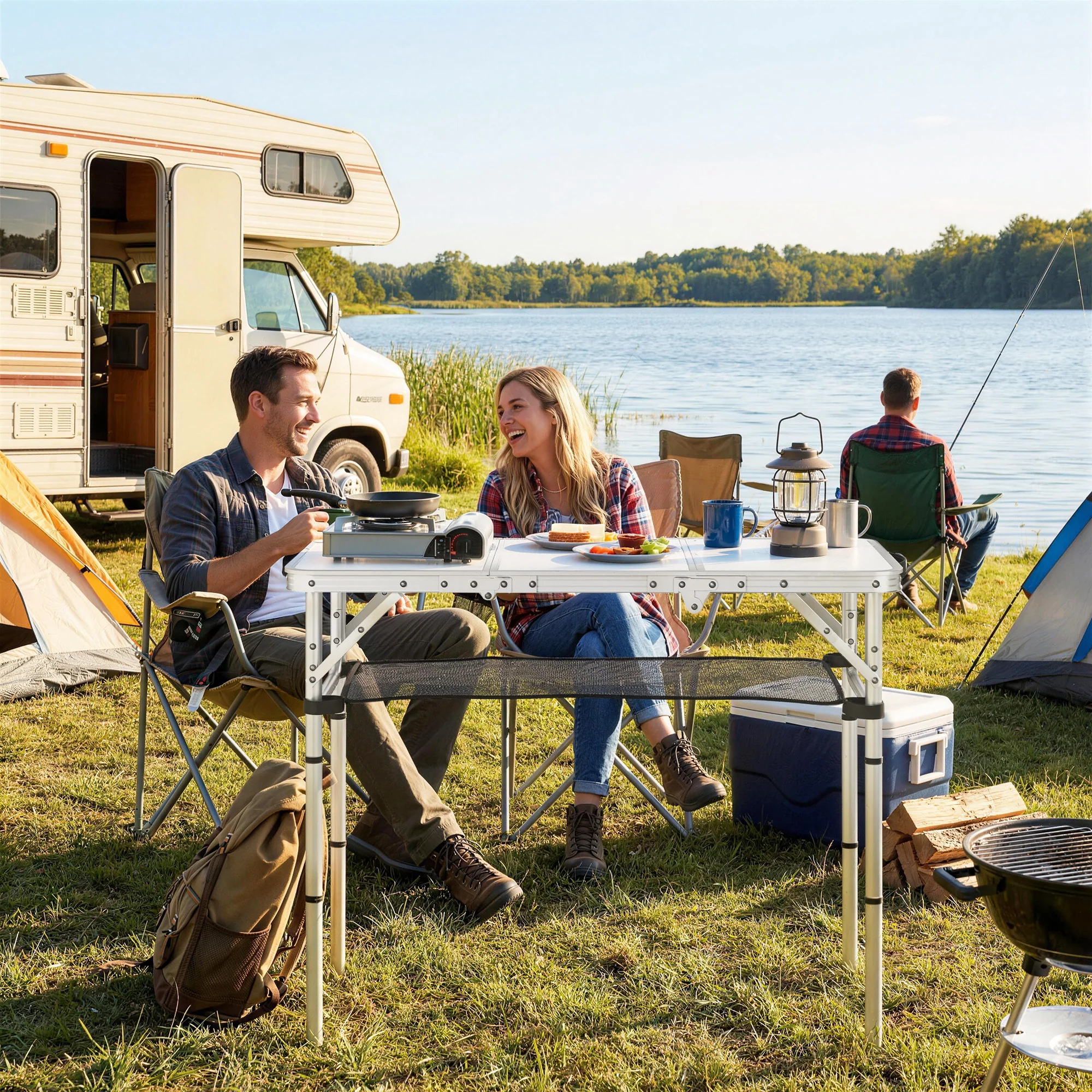 Outsunny 3ft Folding Camping Table, Picnic Table With Storage Layer, White - Image 8
