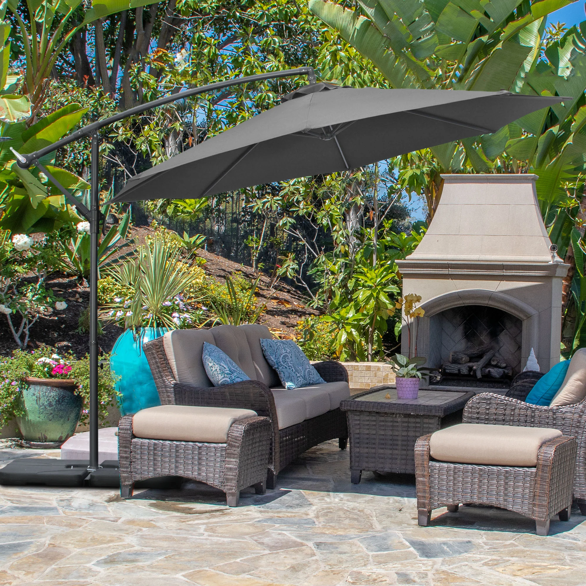 Outsunny 3(m) Banana Parasol Cantilever Umbrella Garden w/ Base Weights, Black - Image 2