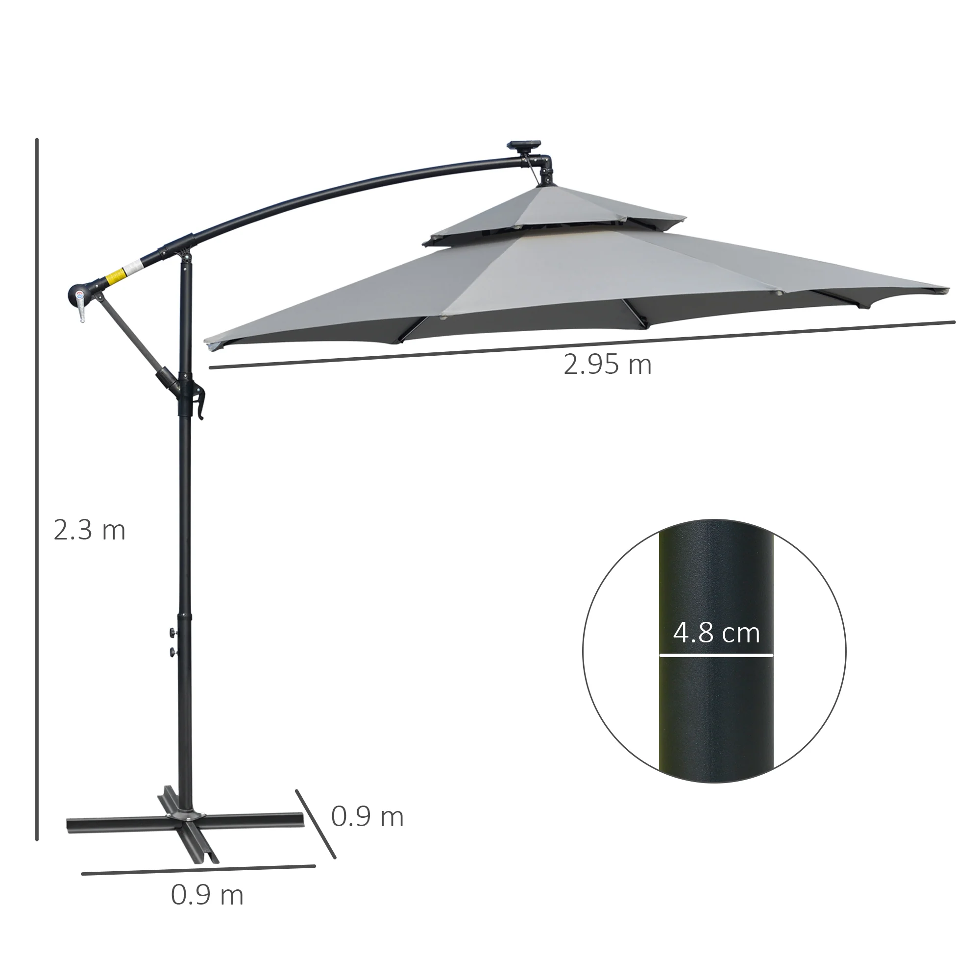 Outsunny 3(m) Cantilever Parasol Hanging Banana Umbrella w/ lights, Light Grey - Image 5
