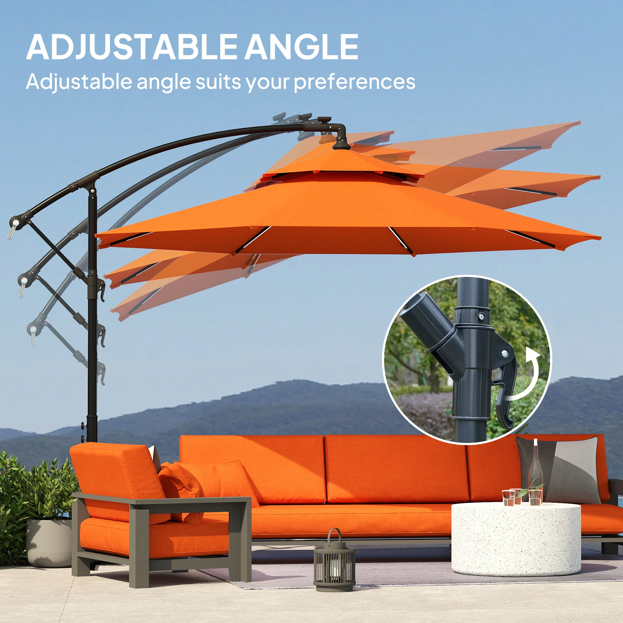 Outsunny 3(m) Cantilever Parasol Hanging Banana Umbrella w/ lights, Orange - Image 6