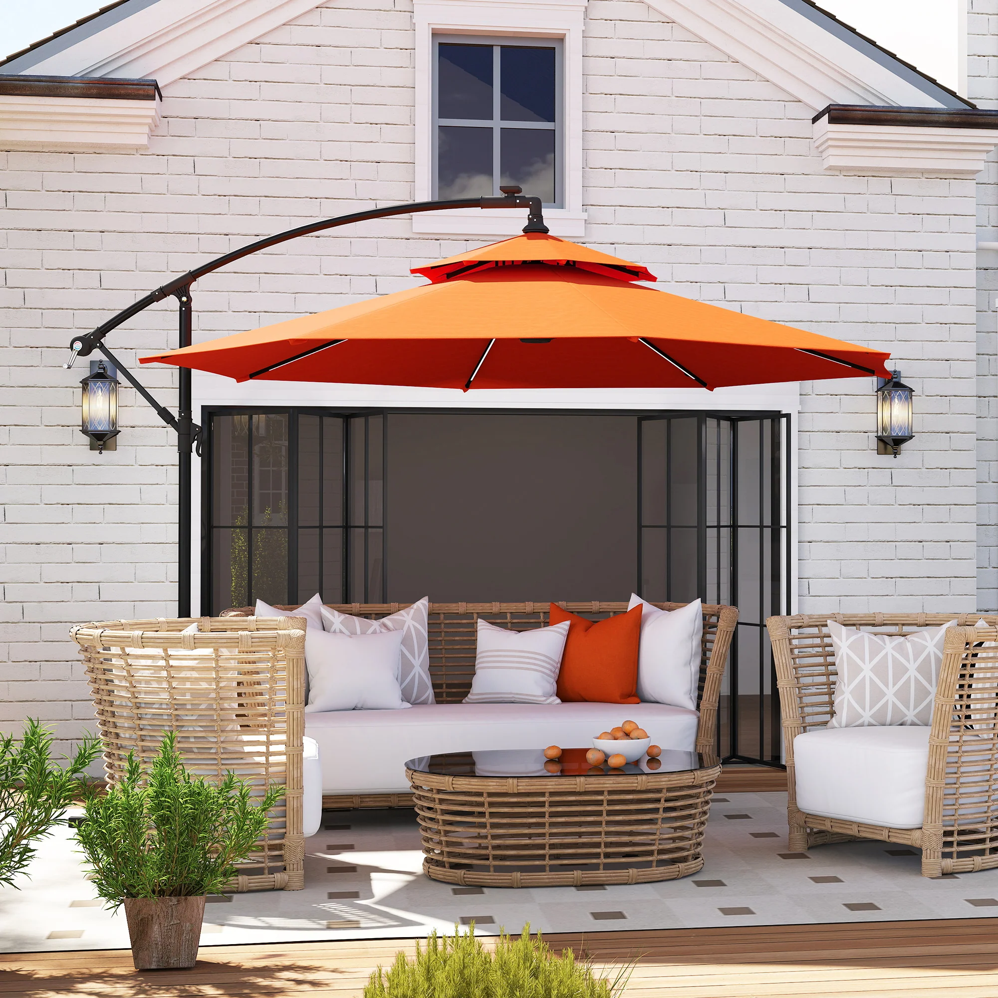 Outsunny 3(m) Cantilever Parasol Hanging Banana Umbrella w/ lights, Orange - Image 8