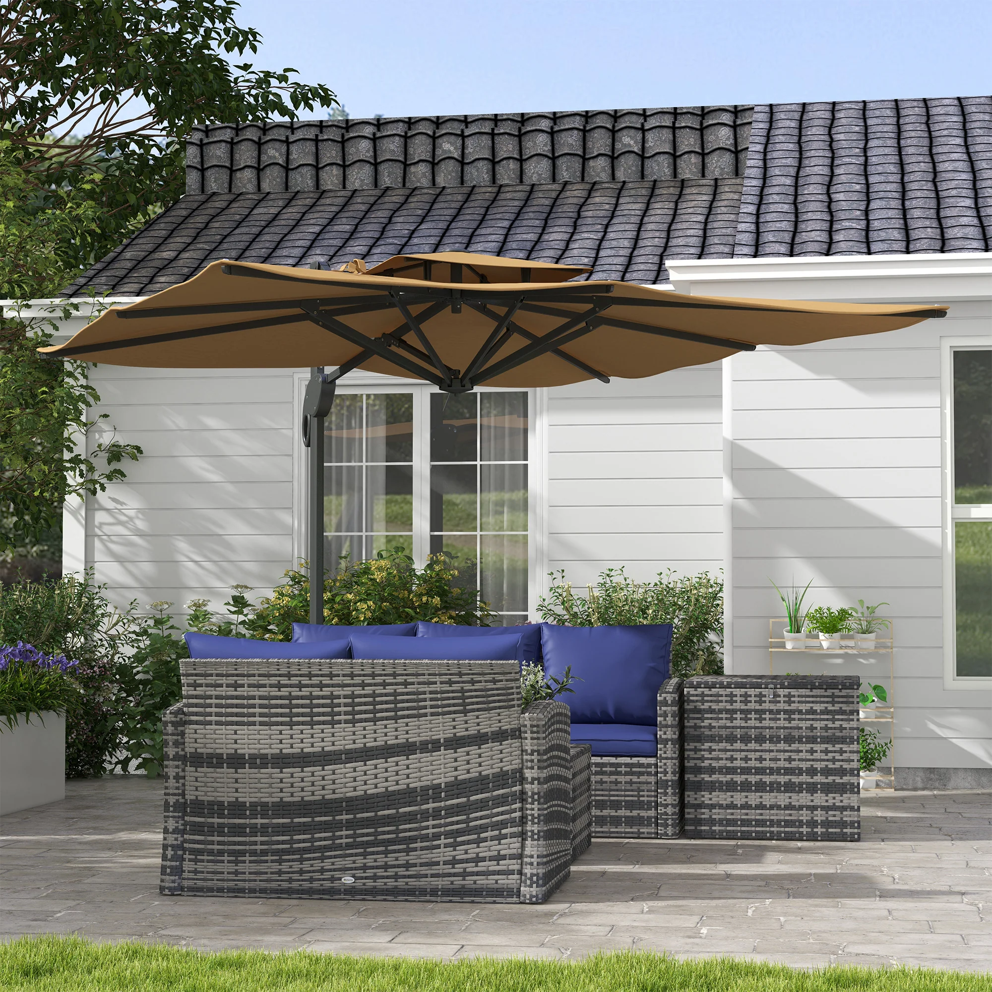 Outsunny 3(m) Cantilever Roma Parasol, 360° Rotating Hanging Garden Parasol, Square Patio Umbrella with Hydraulic Mechanism, Dual Vented Top, 8 Ribs, Cross Base, Aluminium Pole for Patio, Khaki