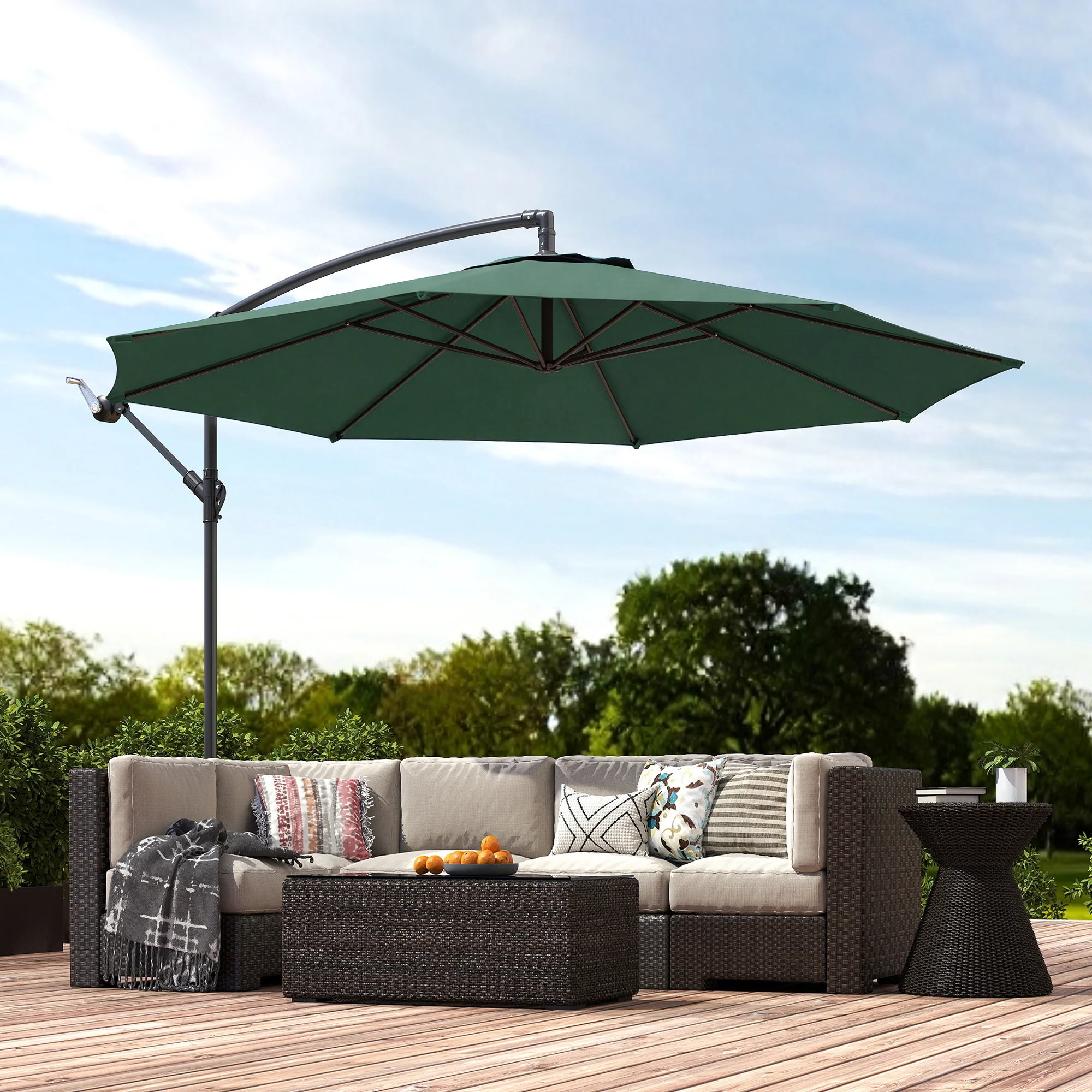 Outsunny 3(m) Garden Banana Parasol Cantilever Umbrella W/ Base, Dark Green - Image 2