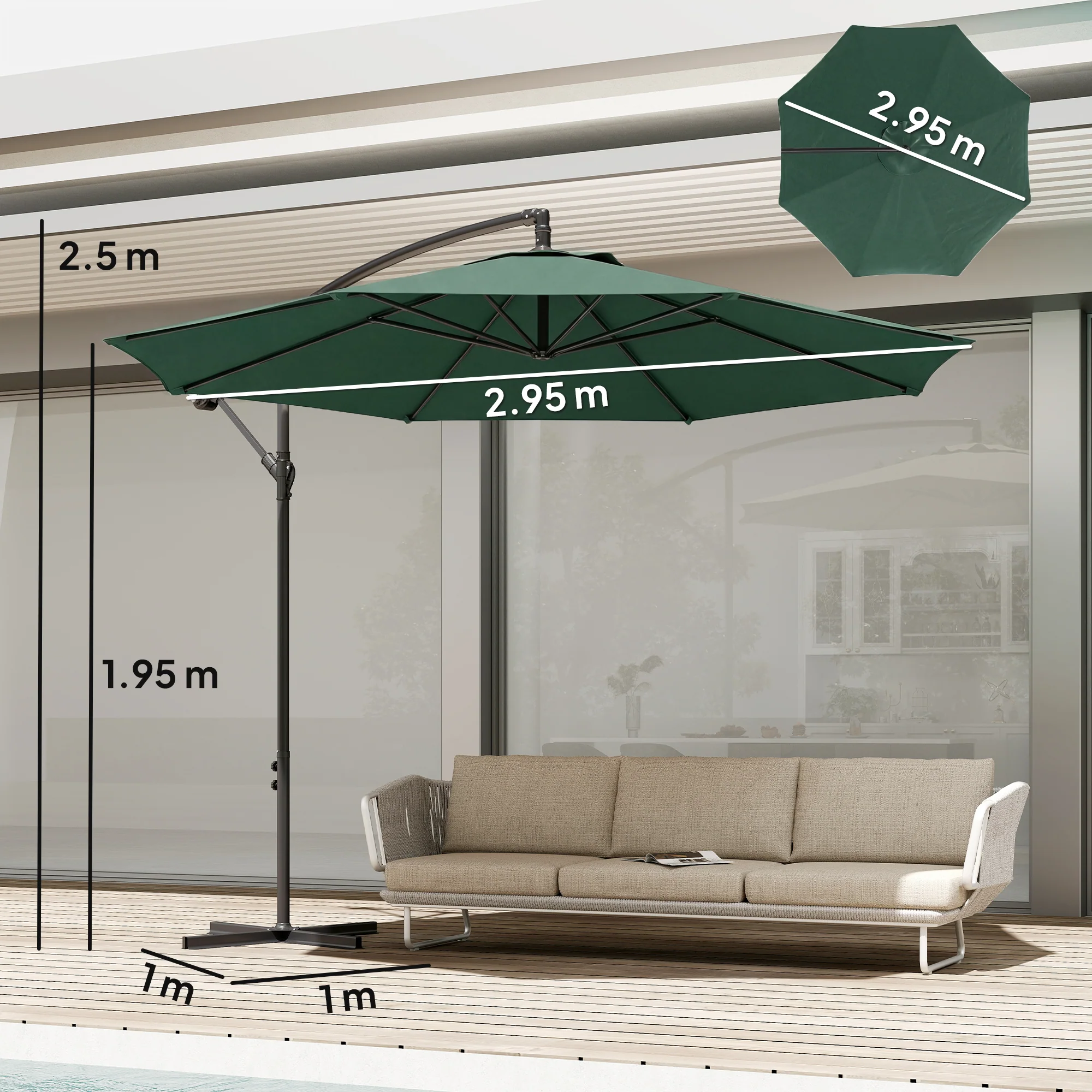 Outsunny 3(m) Garden Banana Parasol Cantilever Umbrella W/ Base, Dark Green - Image 3