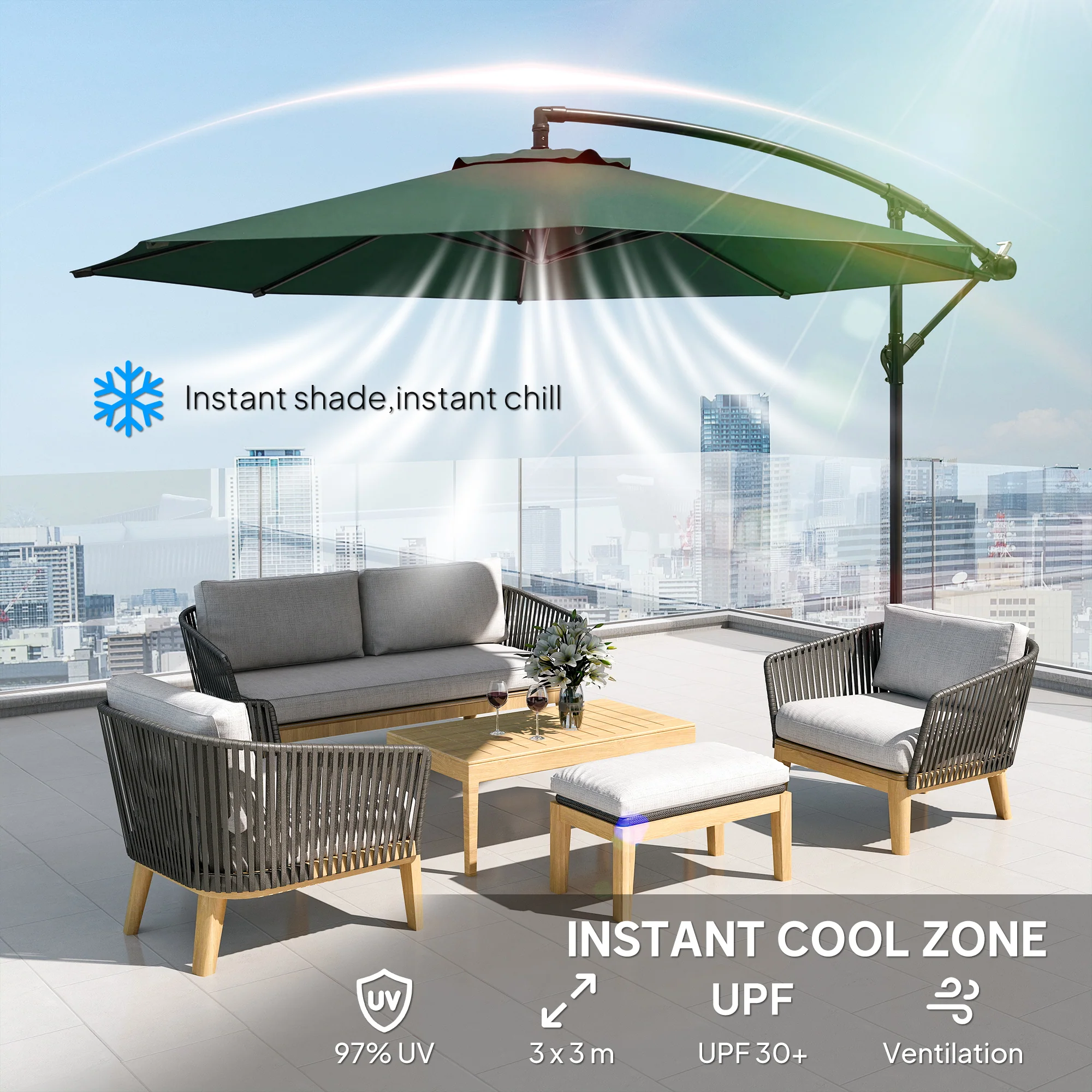 Outsunny 3(m) Garden Banana Parasol Cantilever Umbrella W/ Base, Dark Green - Image 4