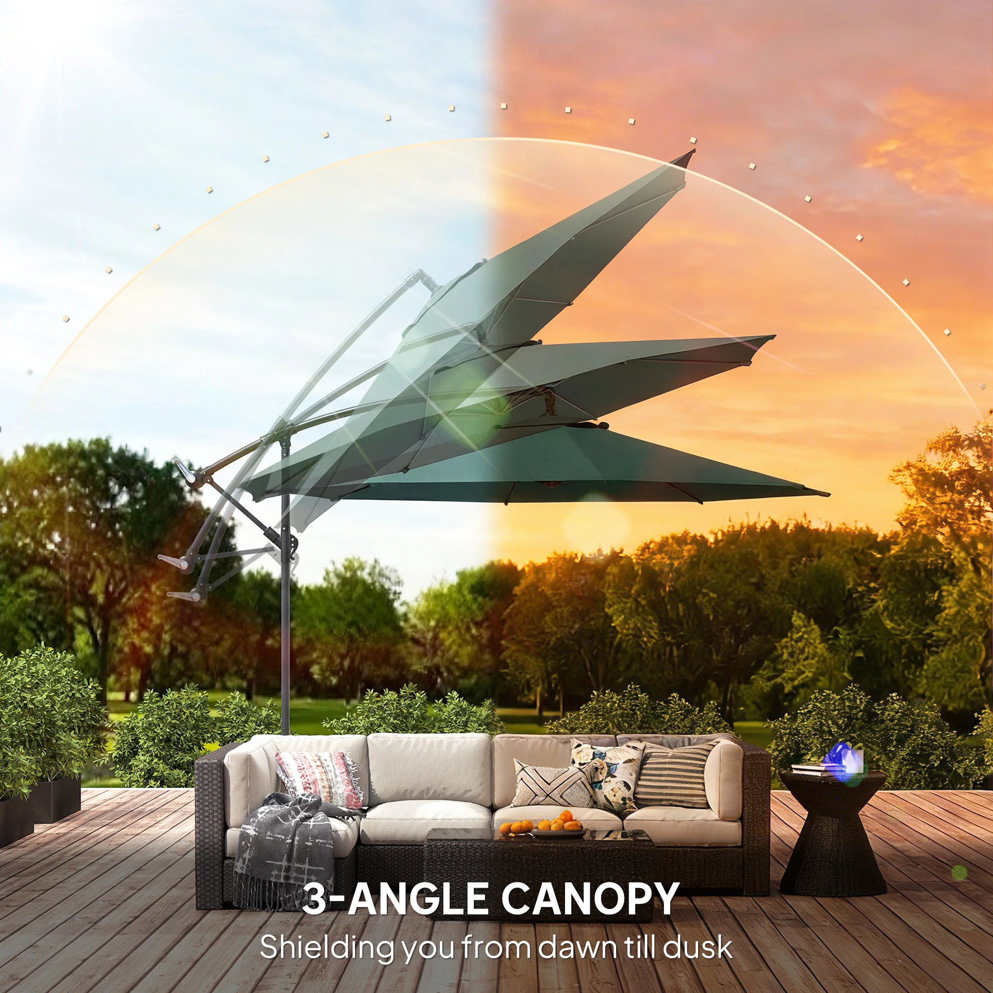 Outsunny 3(m) Garden Banana Parasol Cantilever Umbrella W/ Base, Dark Green - Image 6