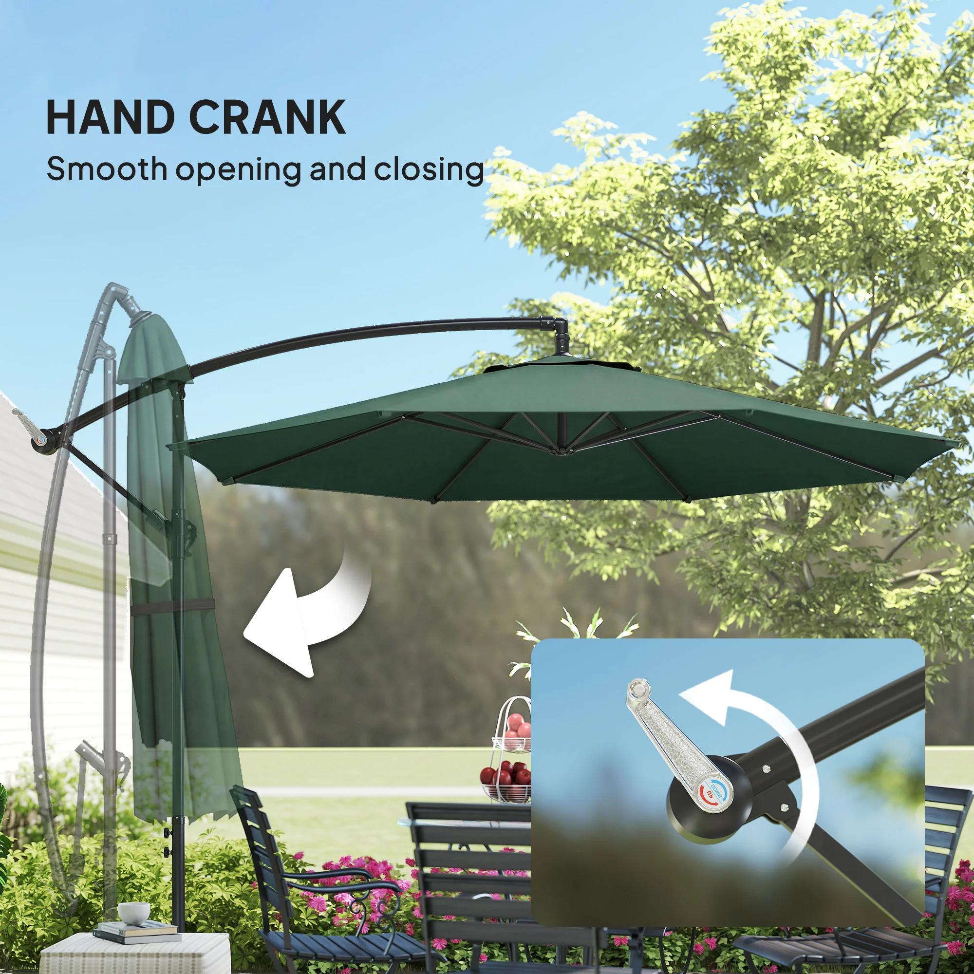 Outsunny 3(m) Garden Banana Parasol Cantilever Umbrella W/ Base, Dark Green - Image 7