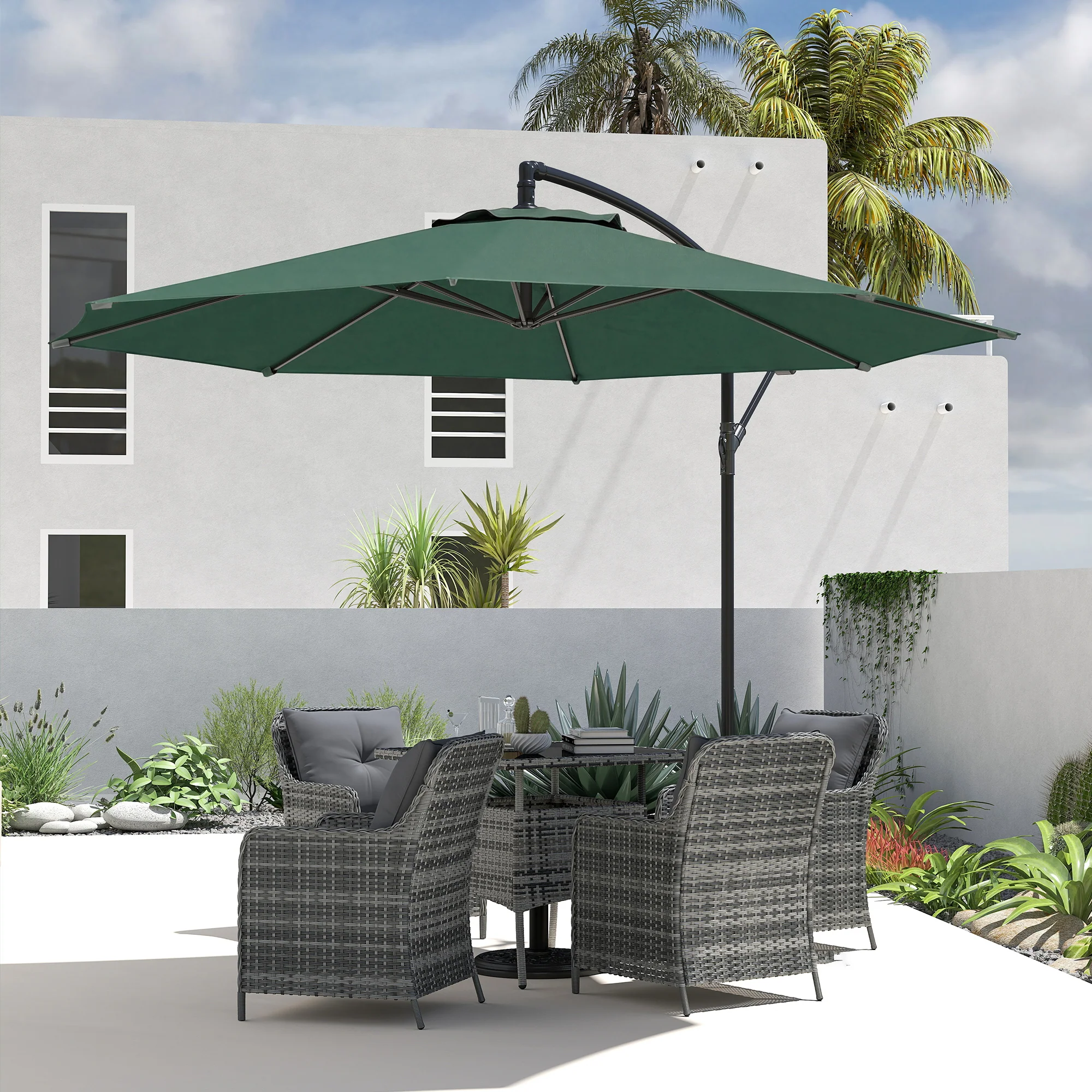 Outsunny 3(m) Garden Banana Parasol Cantilever Umbrella W/ Base, Dark Green - Image 9