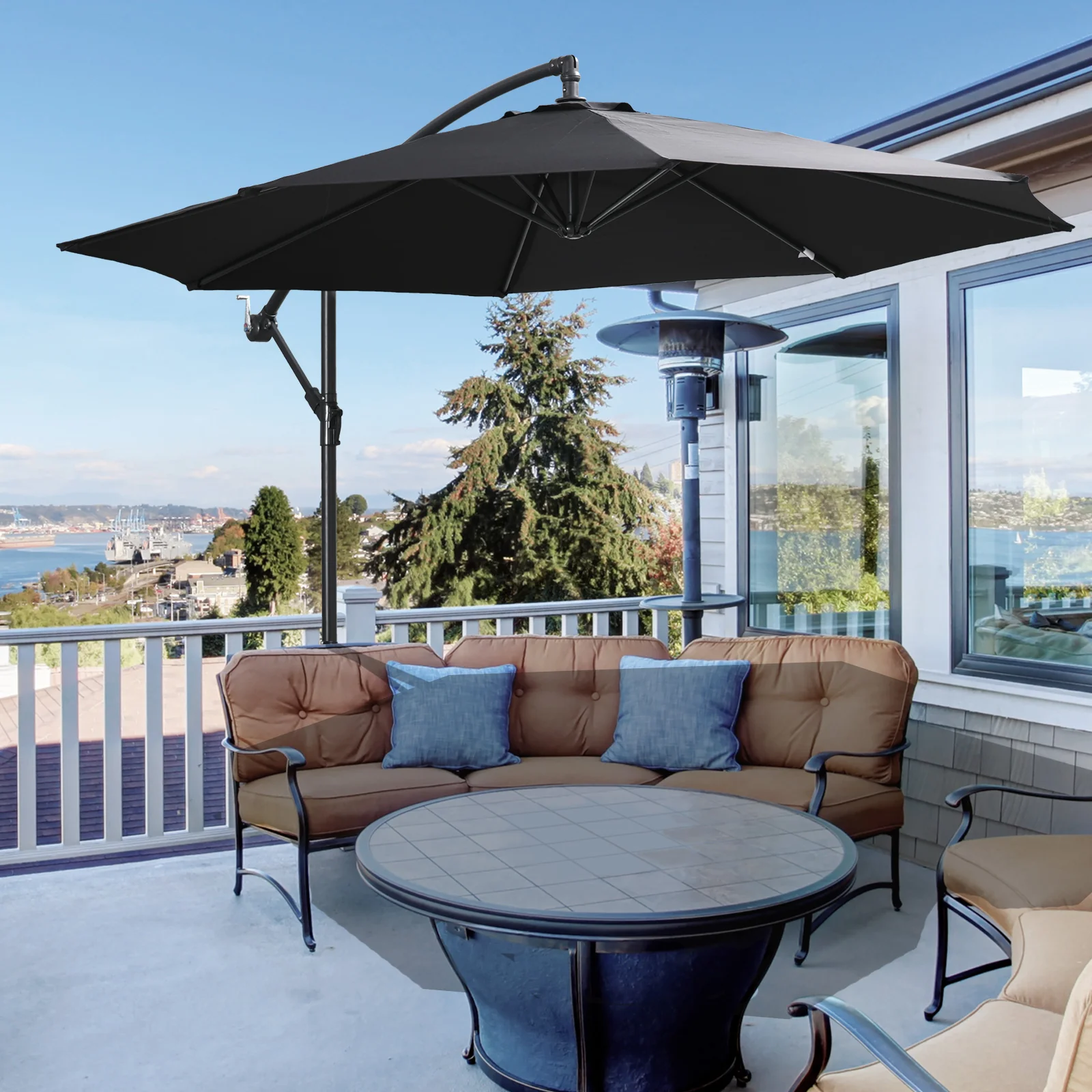 Outsunny 3m Garden Banana Parasol Cantilever Umbrella w/Crank& Base, Black - Image 2