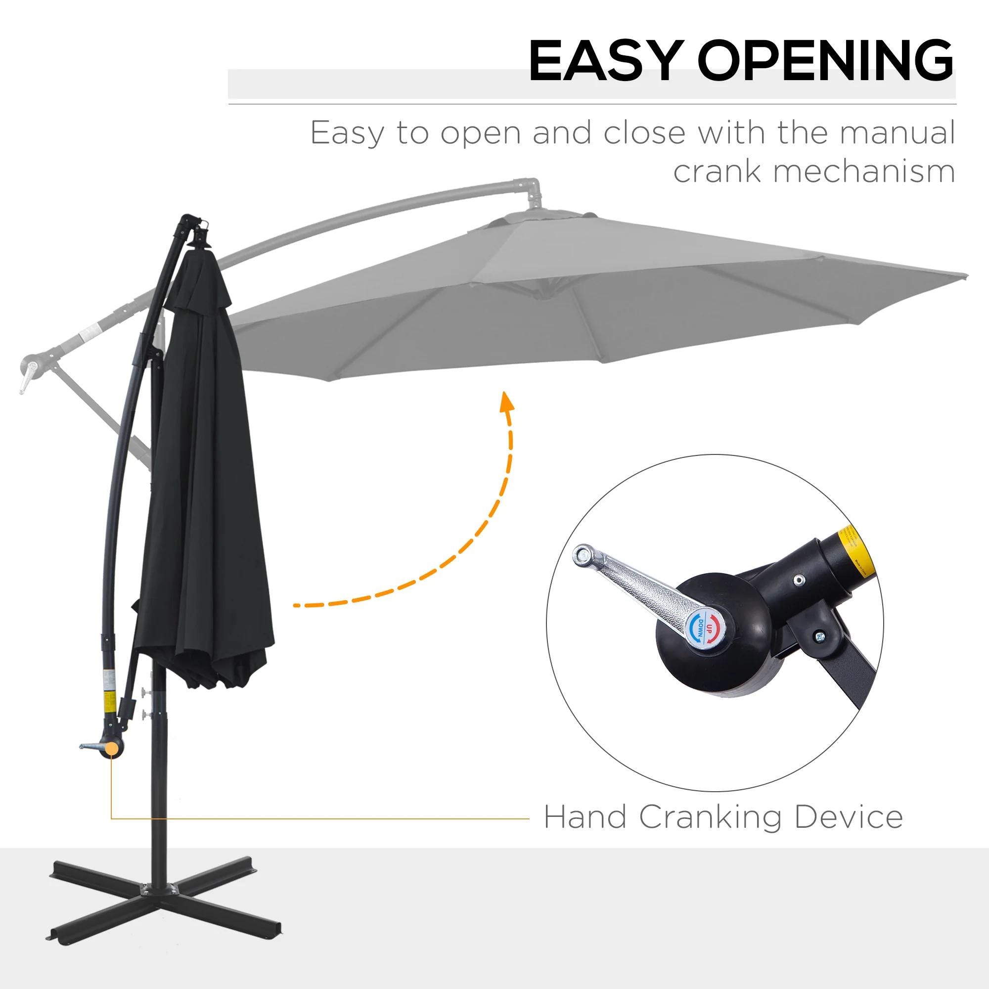 Outsunny 3m Garden Banana Parasol Cantilever Umbrella w/Crank& Base, Black - Image 3