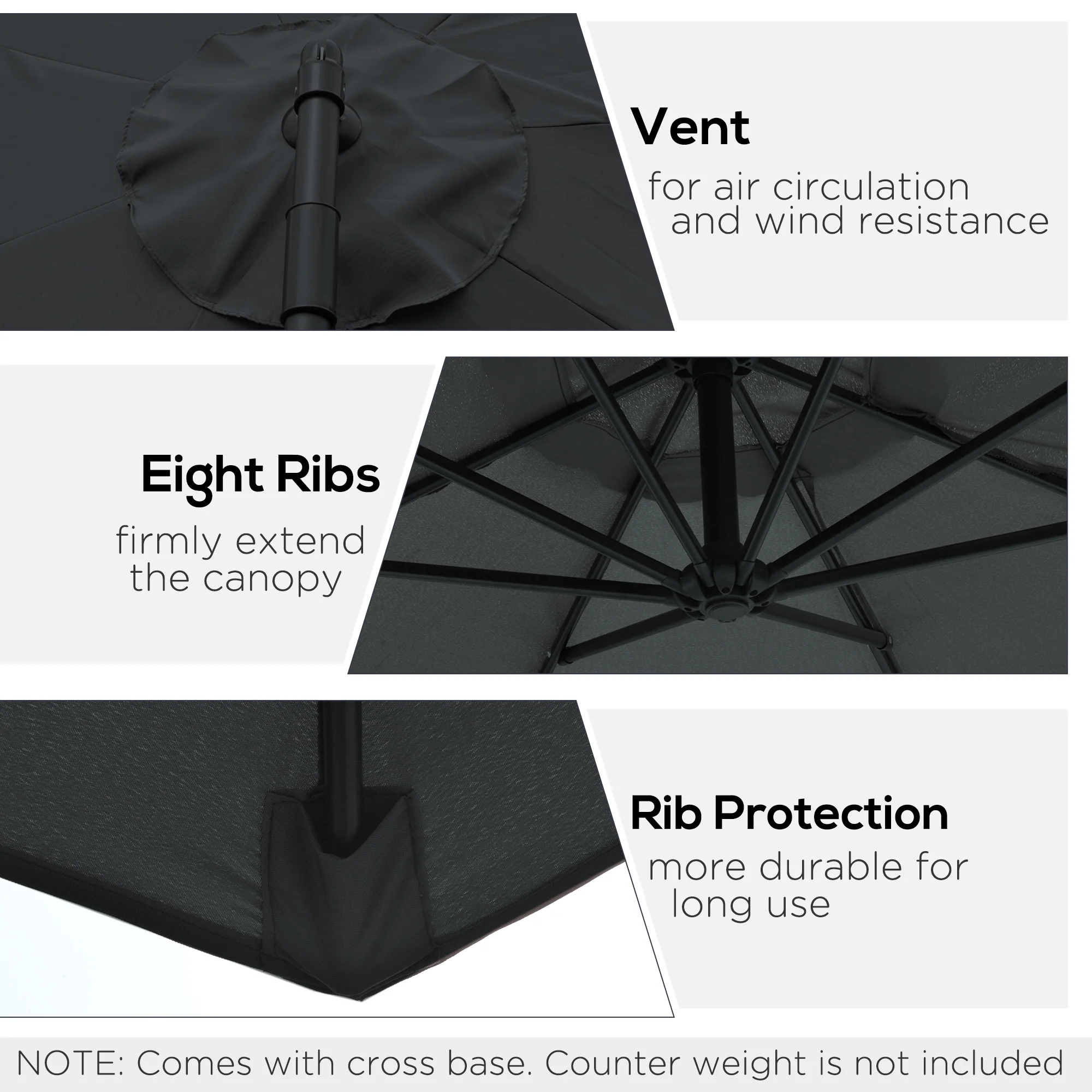 Outsunny 3m Garden Banana Parasol Cantilever Umbrella w/Crank& Base, Black - Image 4