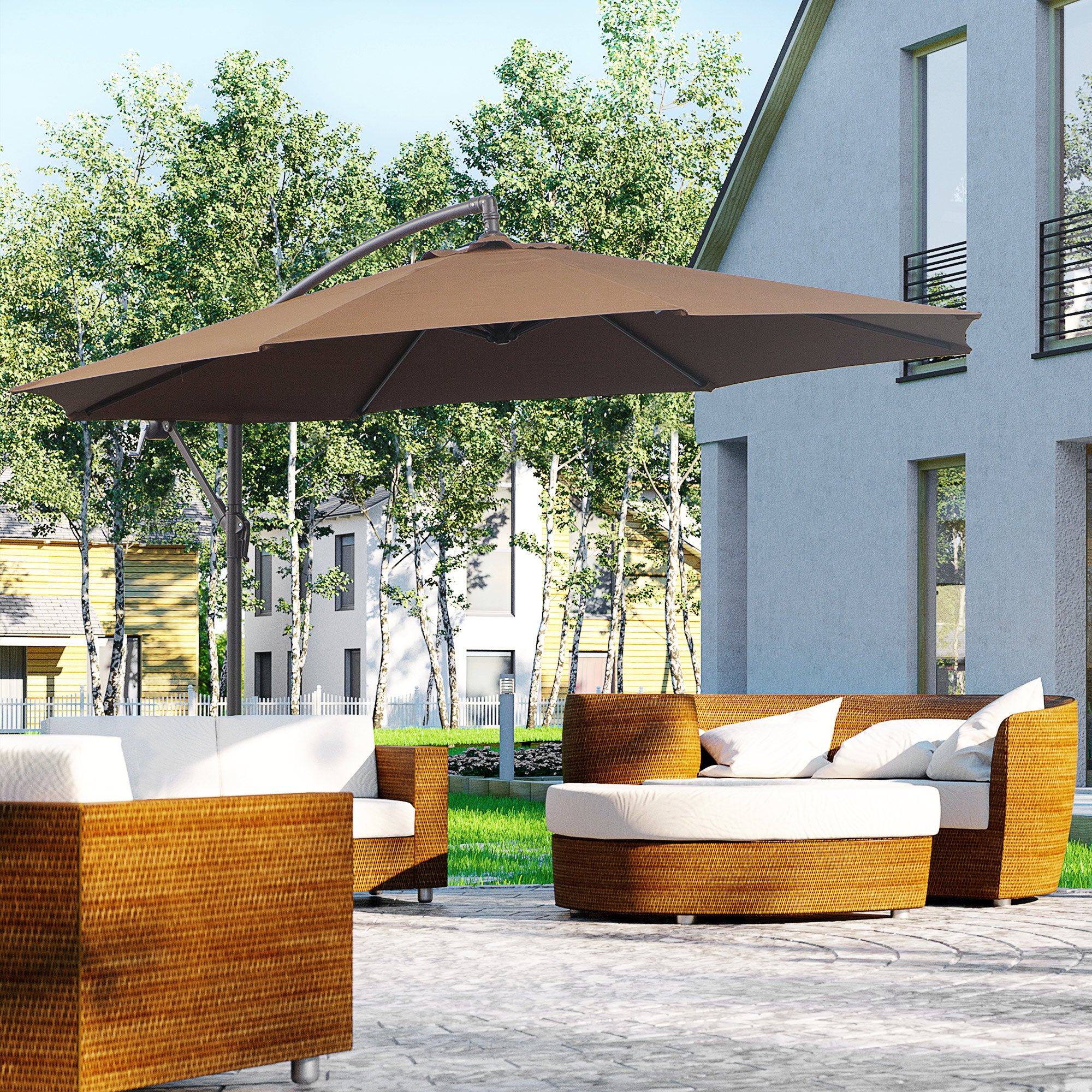 Outsunny 3m Garden Banana Parasol Cantilever Umbrella w/Crank& Base, Brown - Image 2