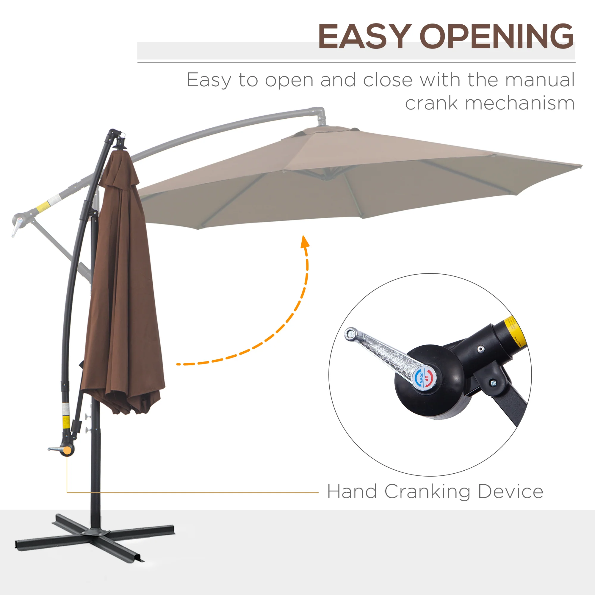 Outsunny 3m Garden Banana Parasol Cantilever Umbrella w/Crank& Base, Brown - Image 3