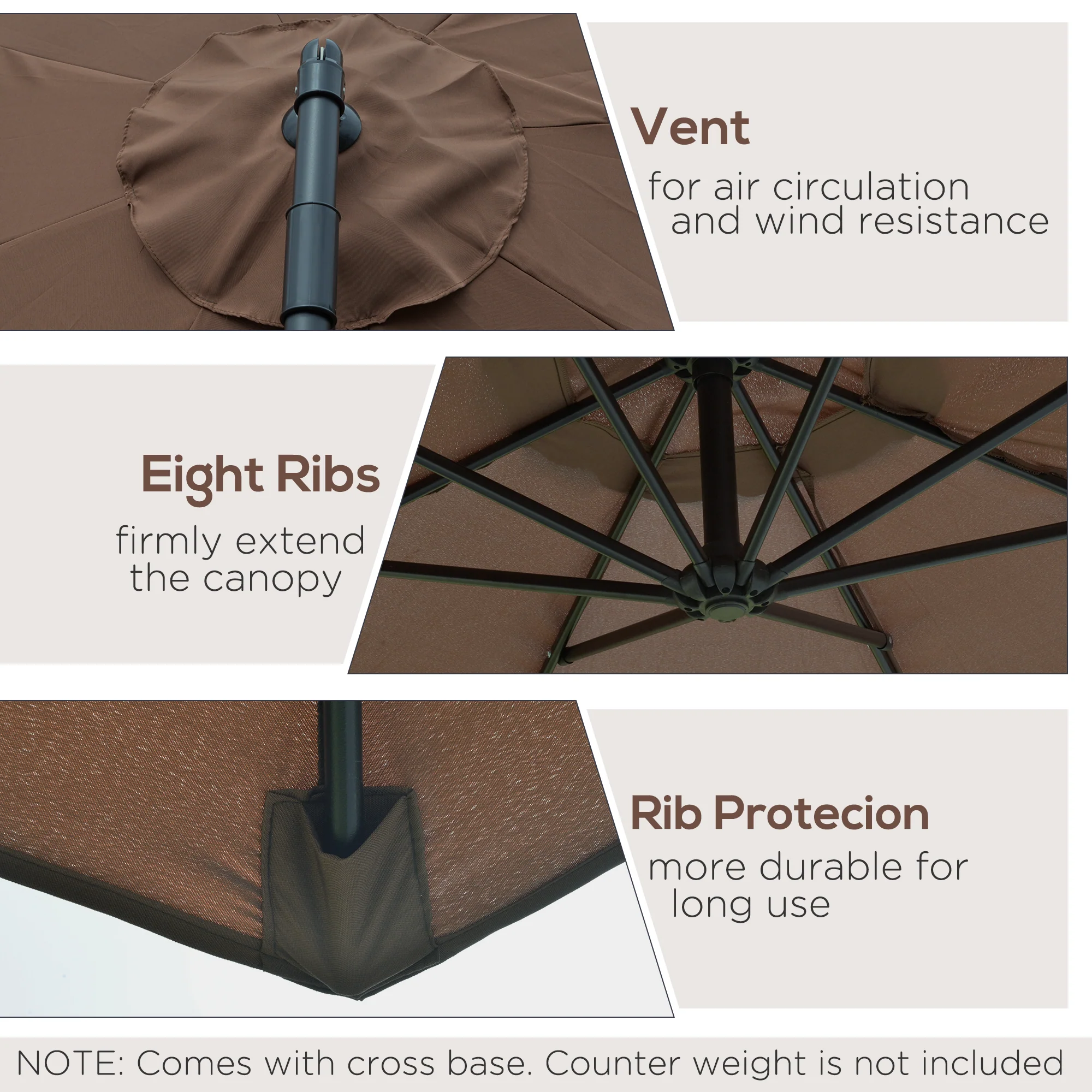 Outsunny 3m Garden Banana Parasol Cantilever Umbrella w/Crank& Base, Brown - Image 4