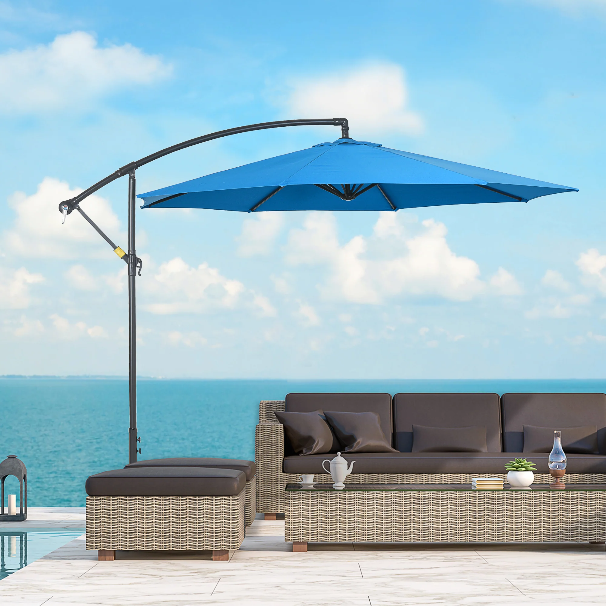 Outsunny 3(m) Garden Banana Parasol Cantilever Umbrella w/ Cross Base, Blue - Image 2