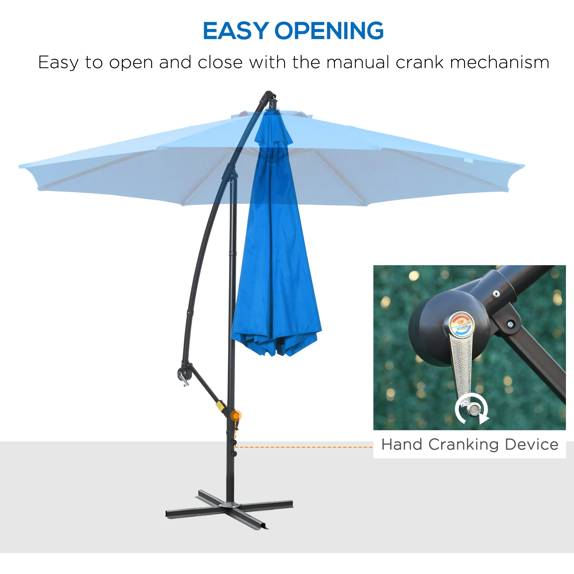 Outsunny 3(m) Garden Banana Parasol Cantilever Umbrella w/ Cross Base, Blue - Image 3