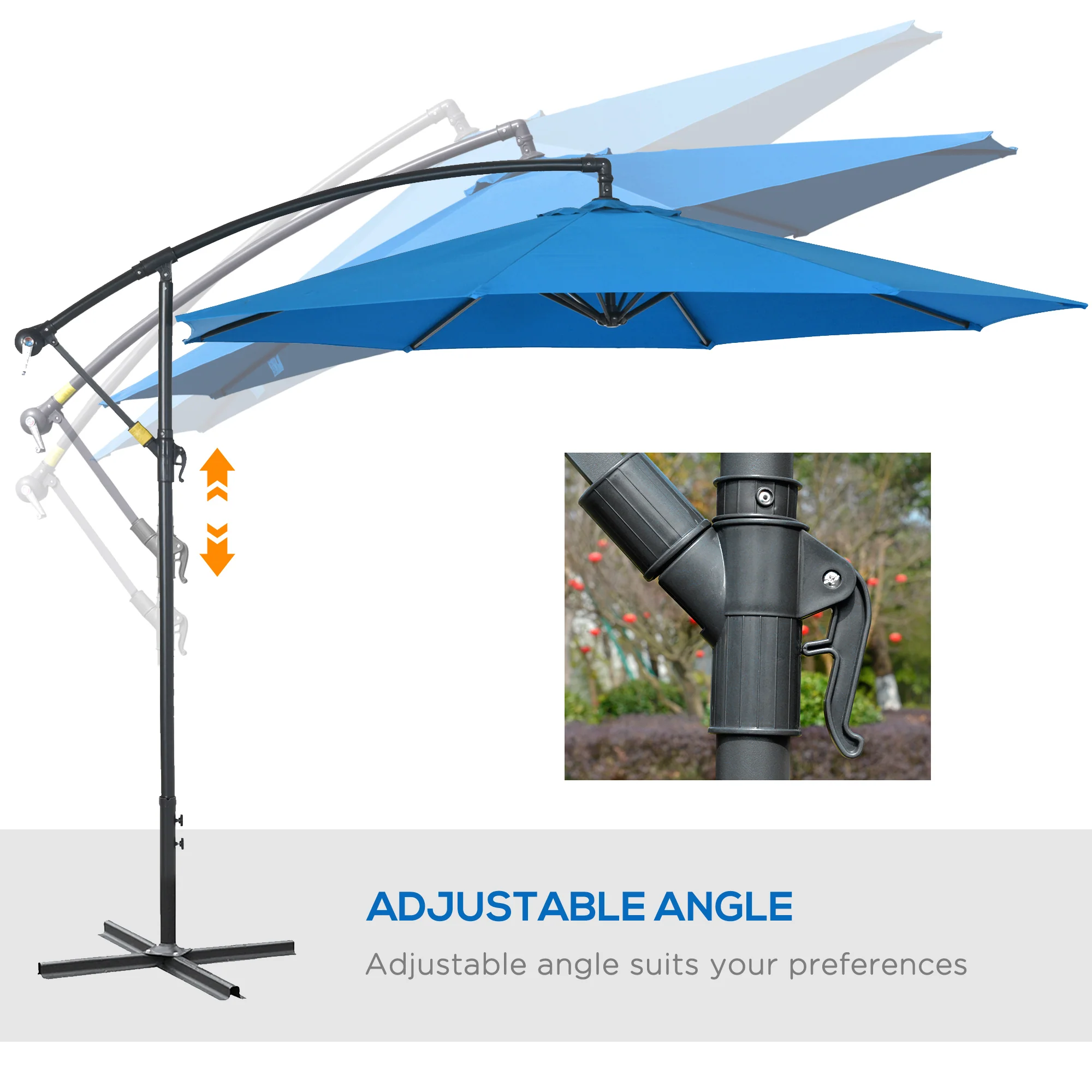 Outsunny 3(m) Garden Banana Parasol Cantilever Umbrella w/ Cross Base, Blue - Image 4