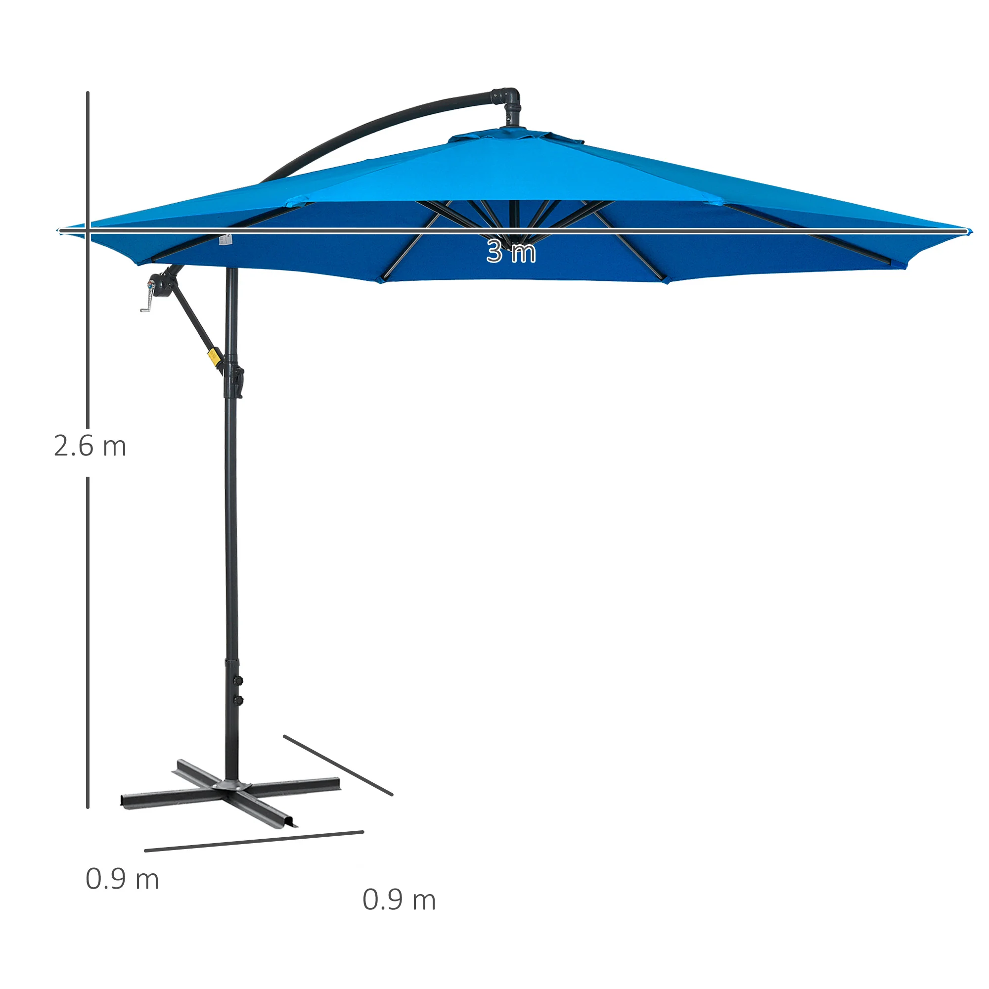 Outsunny 3(m) Garden Banana Parasol Cantilever Umbrella w/ Cross Base, Blue - Image 5