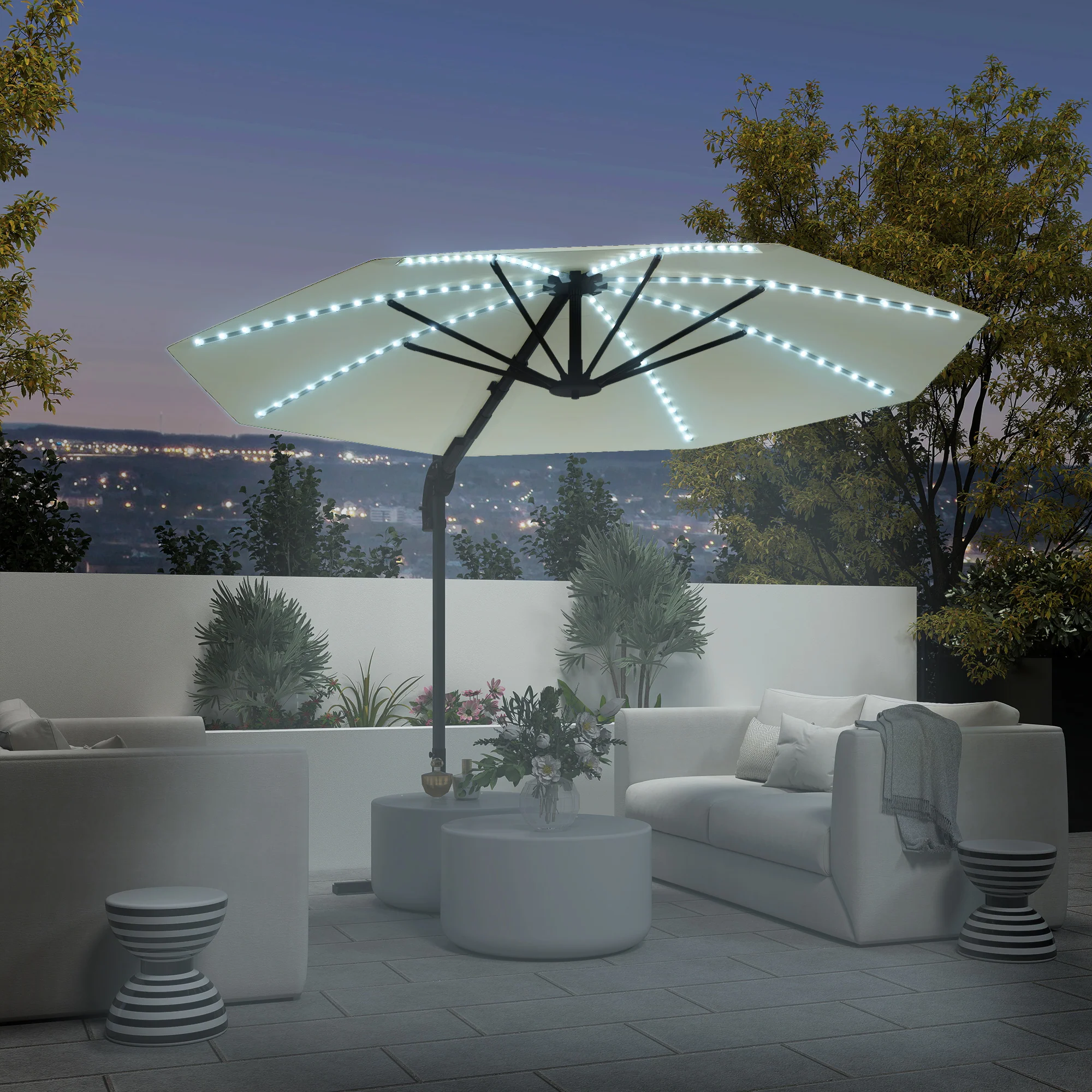 Outsunny 3(m) Garden Parasol w/ Lights, Crank Handle & Cross Base - Image 11