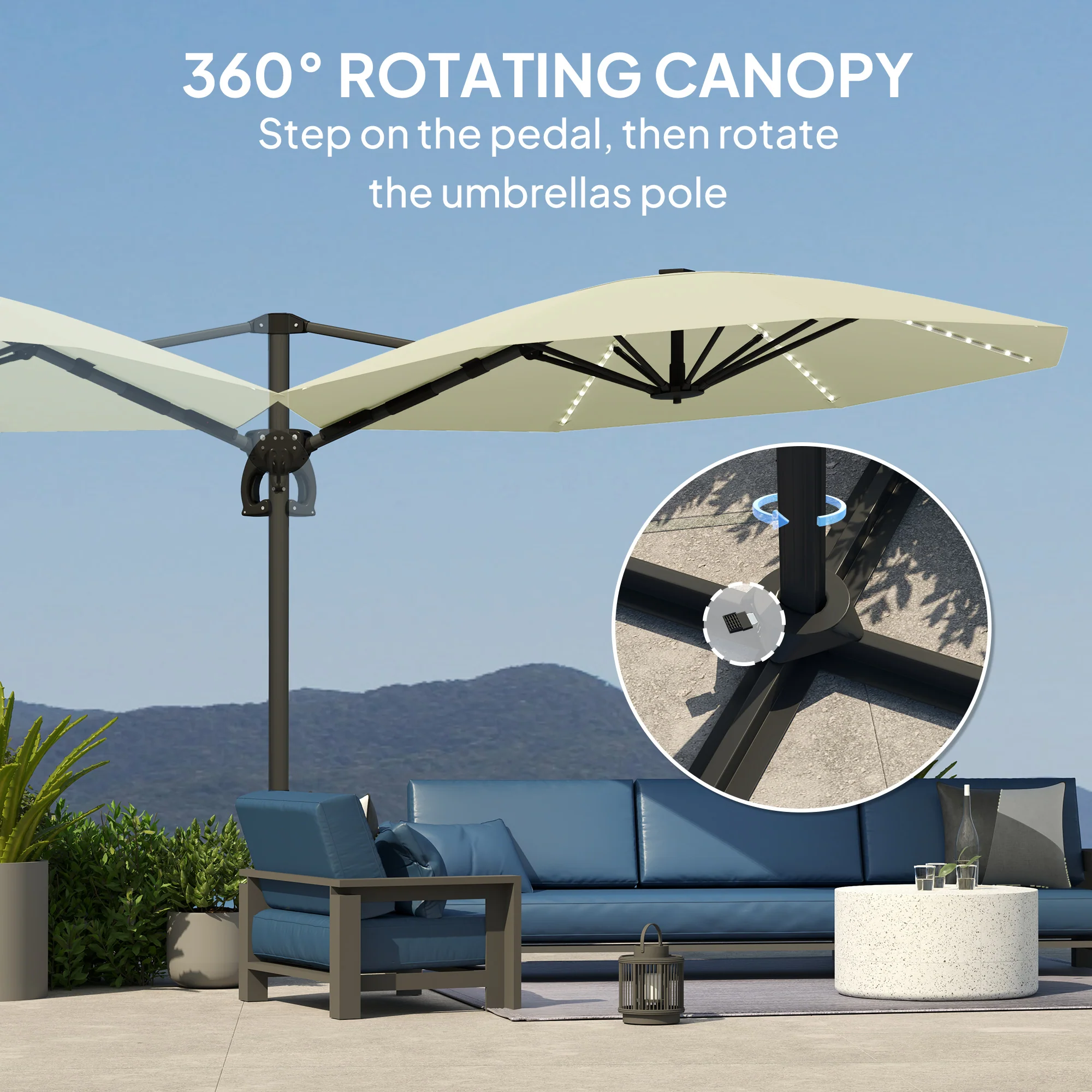 Outsunny 3(m) Garden Parasol w/ Lights, Crank Handle & Cross Base - Image 12