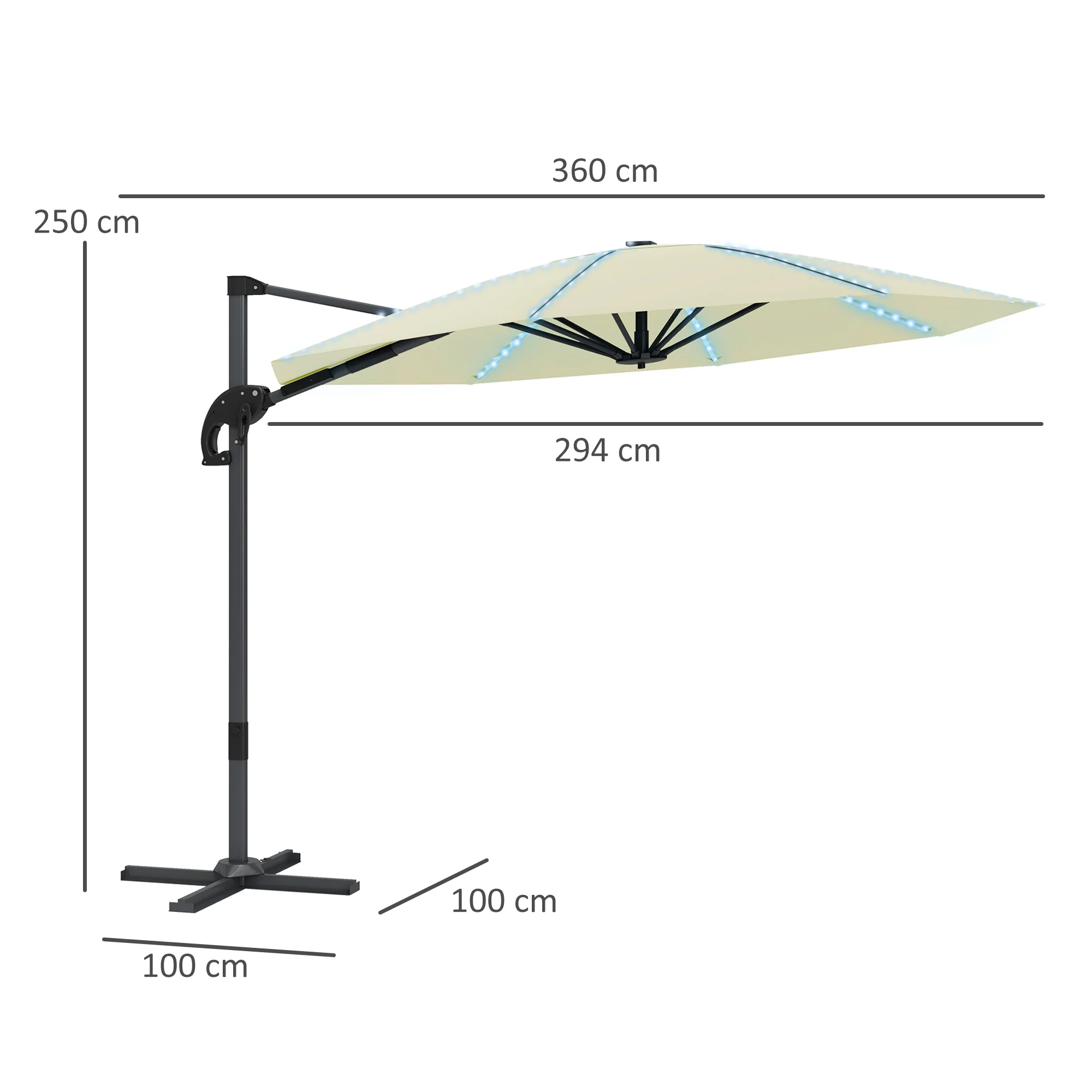 Outsunny 3(m) Garden Parasol w/ Lights, Crank Handle & Cross Base - Image 14