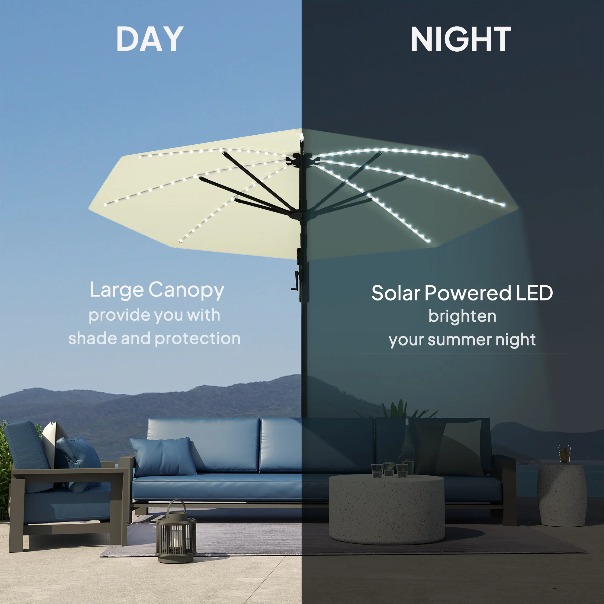 Outsunny 3(m) Garden Parasol w/ Lights, Crank Handle & Cross Base - Image 15