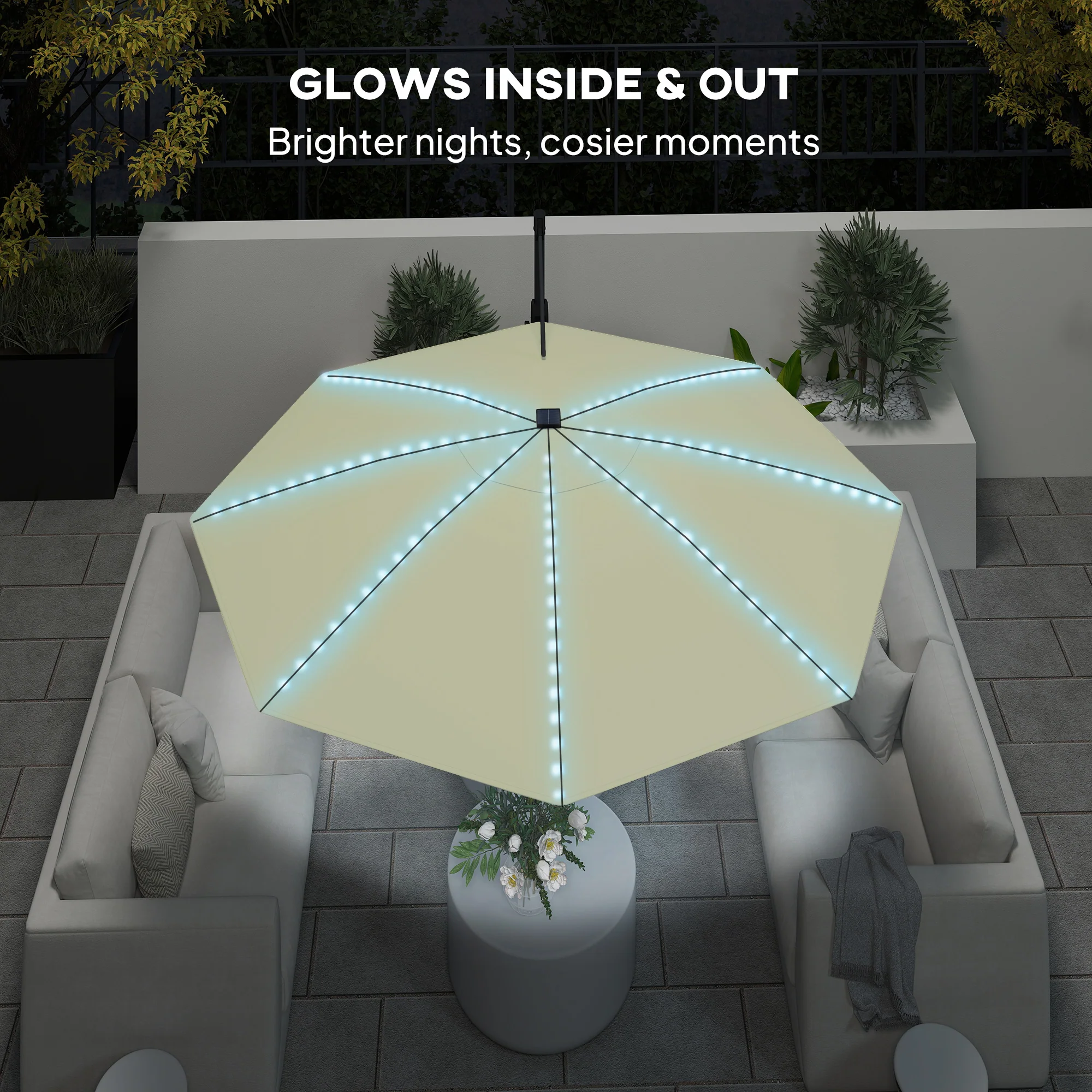 Outsunny 3(m) Garden Parasol w/ Lights, Crank Handle & Cross Base - Image 16