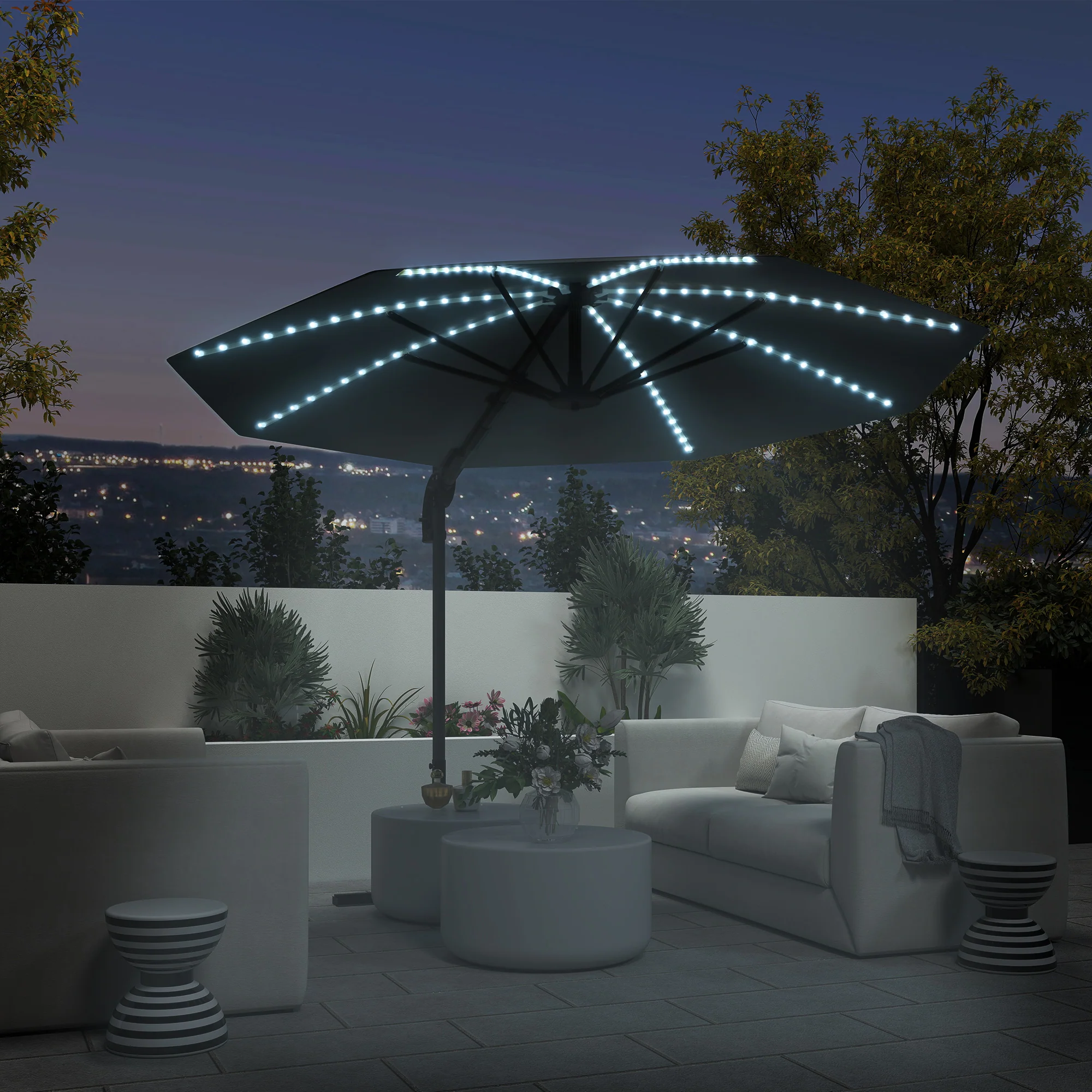 Outsunny 3(m) Garden Parasol w/ Lights, Crank Handle & Cross Base - Image 2