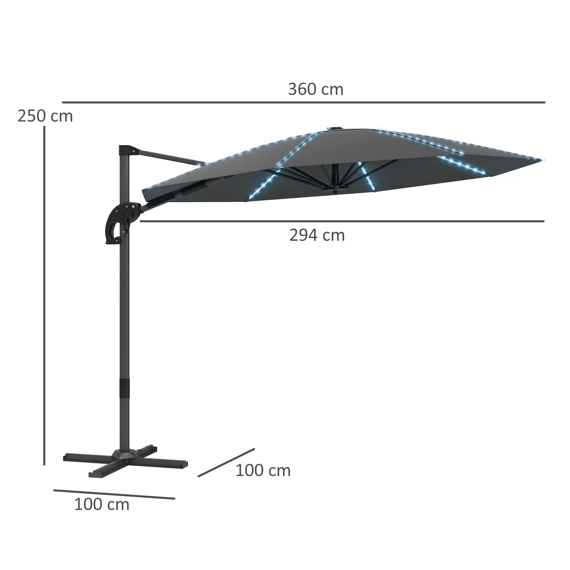 Outsunny 3(m) Garden Parasol w/ Lights, Crank Handle & Cross Base - Image 5