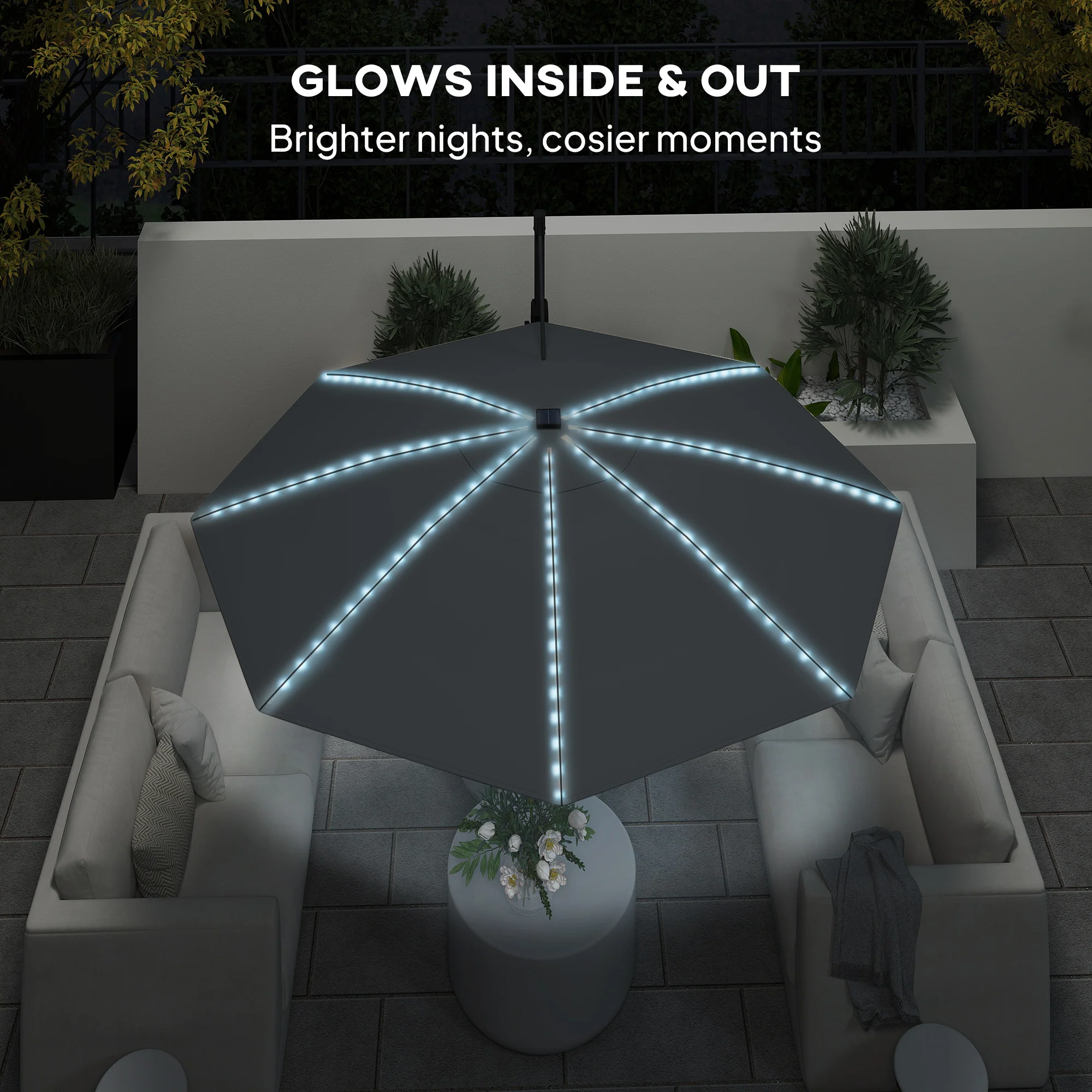 Outsunny 3(m) Garden Parasol w/ Lights, Crank Handle & Cross Base - Image 7