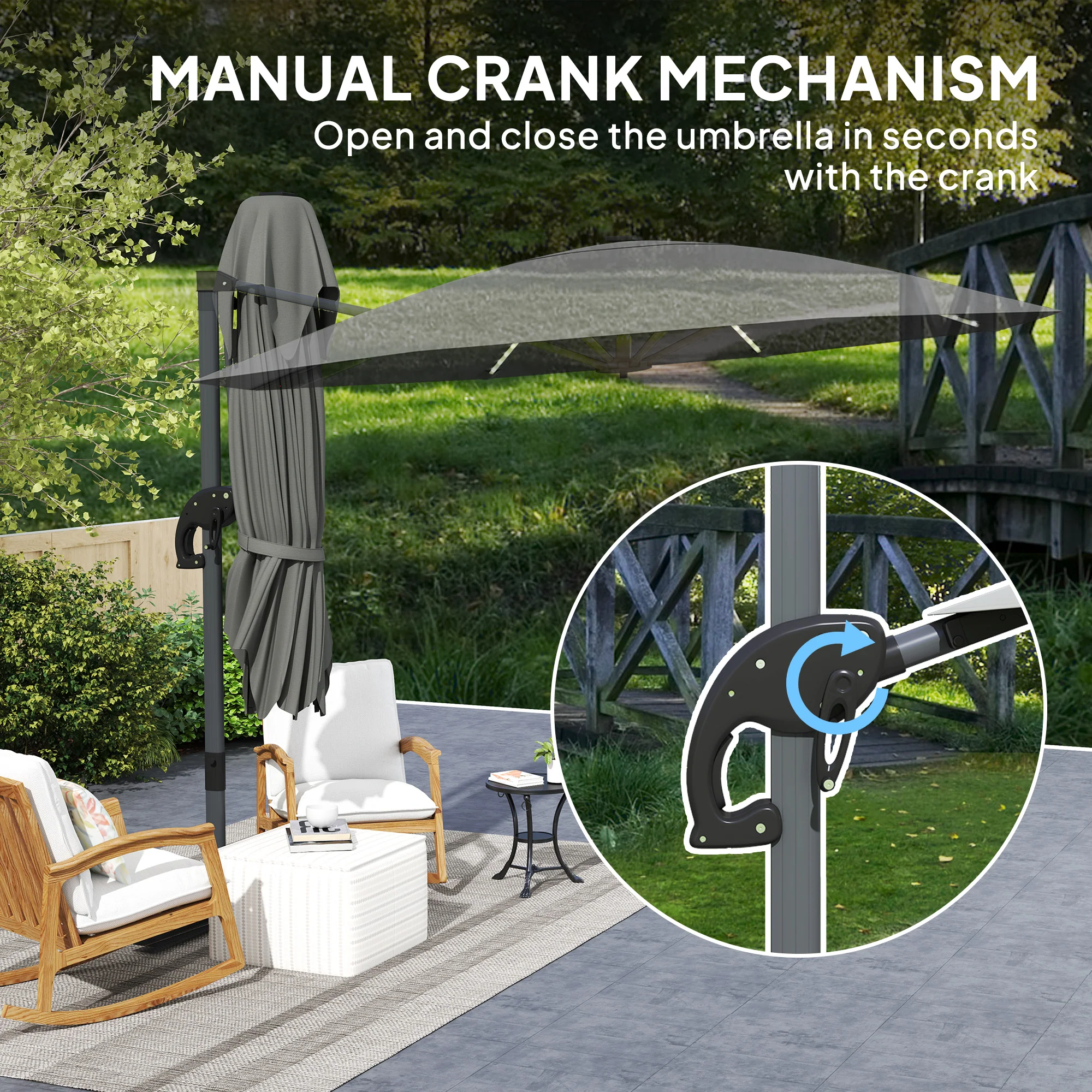 Outsunny 3(m) Garden Parasol w/ Lights, Crank Handle & Cross Base - Image 9