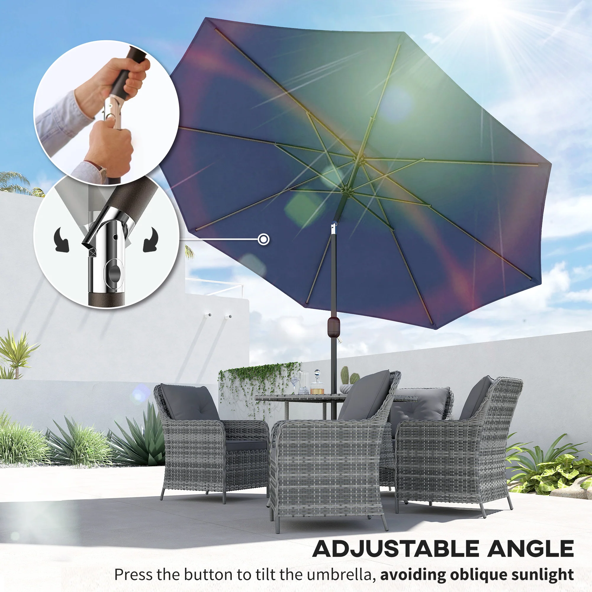 Outsunny 3(m) Garden Umbrella Outdoor Sunshade Canopy W/ Tilt & Crank Navy - Image 4