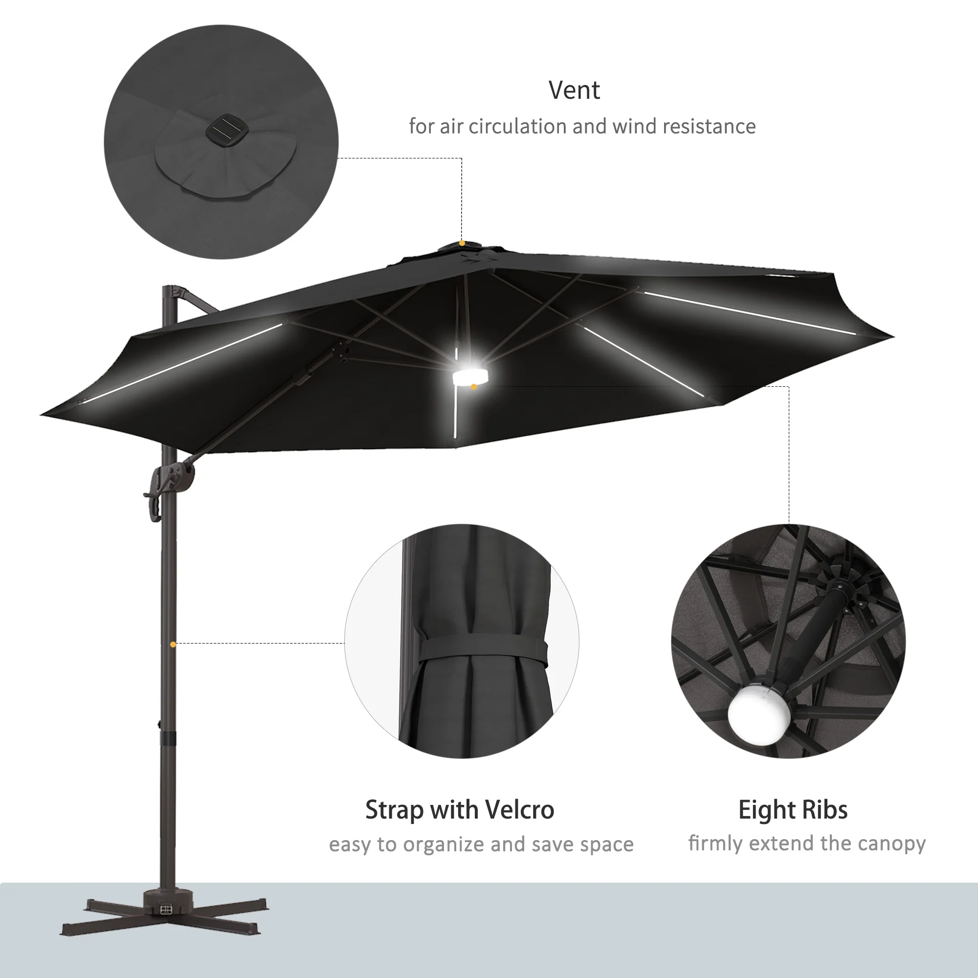 Outsunny 3(m) LED Cantilever Parasol Outdoor with Base Solar Lights Dark Grey - Image 7