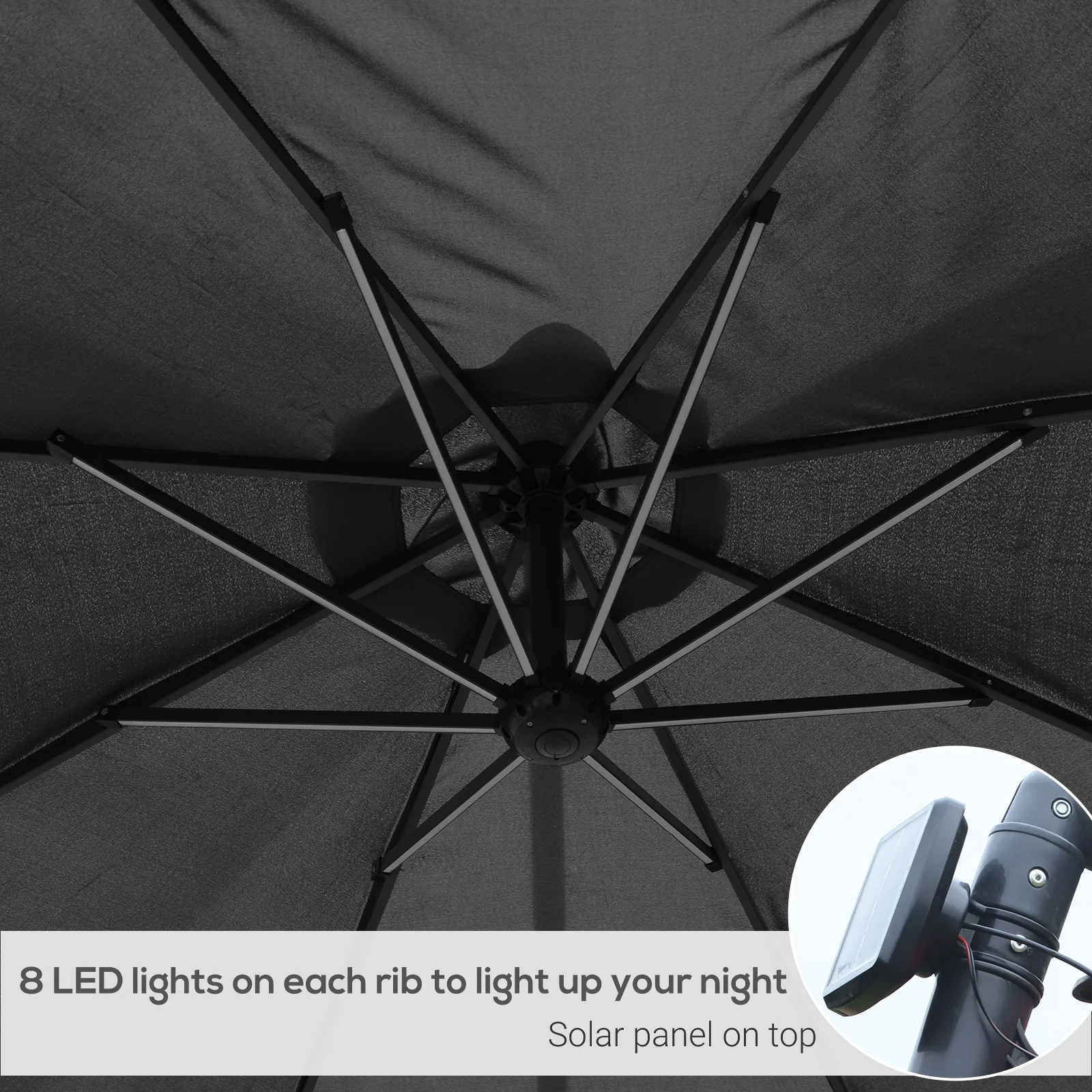 Outsunny 3m LED Patio Banana Umbrella Cantilever Parasol w/ Crank Cross Base Hanging Offset Umbrella Frame Steel Aluminium Garden Table Outdoor Black - Image 6