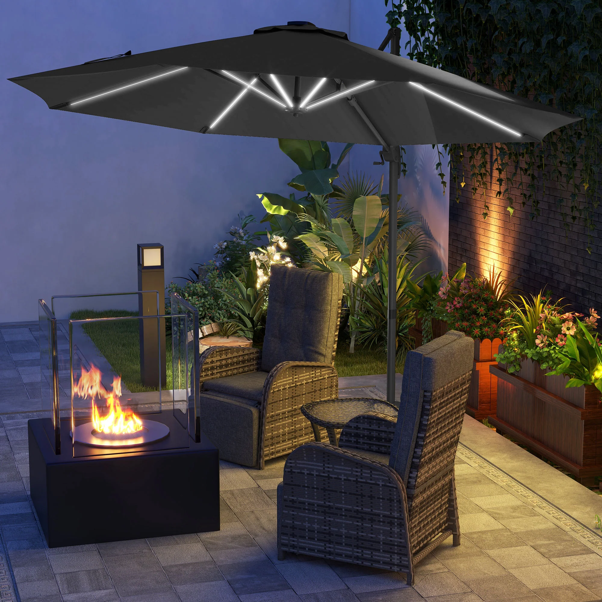 Outsunny 3(m) Solar LED Cantilever Parasol Adjustable Garden Umbrella - Khaki/Grey - Image 11