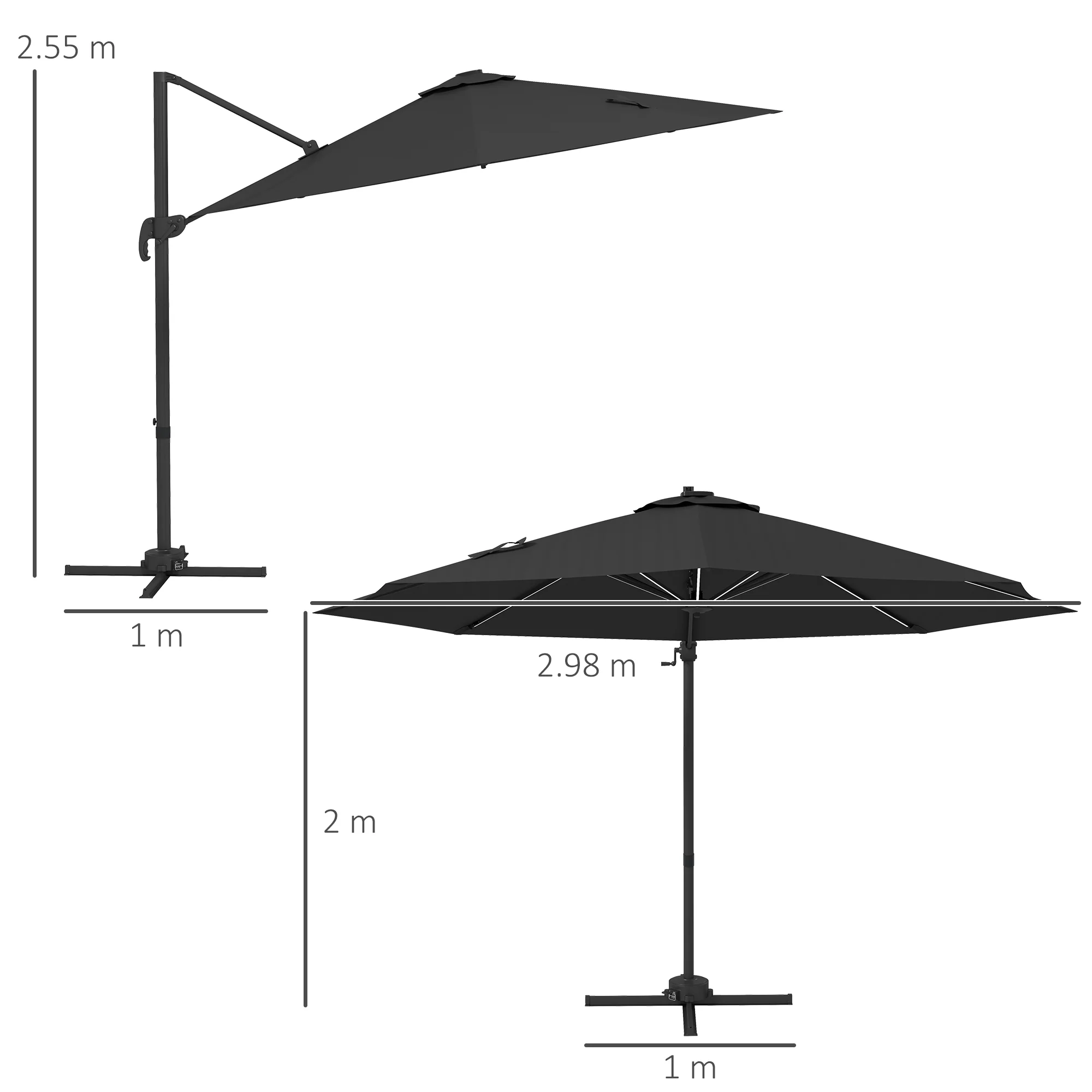Outsunny 3(m) Solar LED Cantilever Parasol Adjustable Garden Umbrella - Khaki/Grey - Image 14