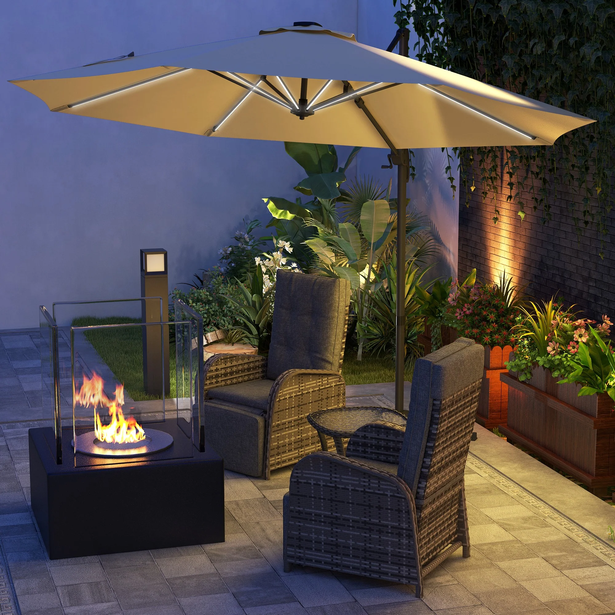 Outsunny 3(m) Solar LED Cantilever Parasol Adjustable Garden Umbrella - Khaki/Grey - Image 2