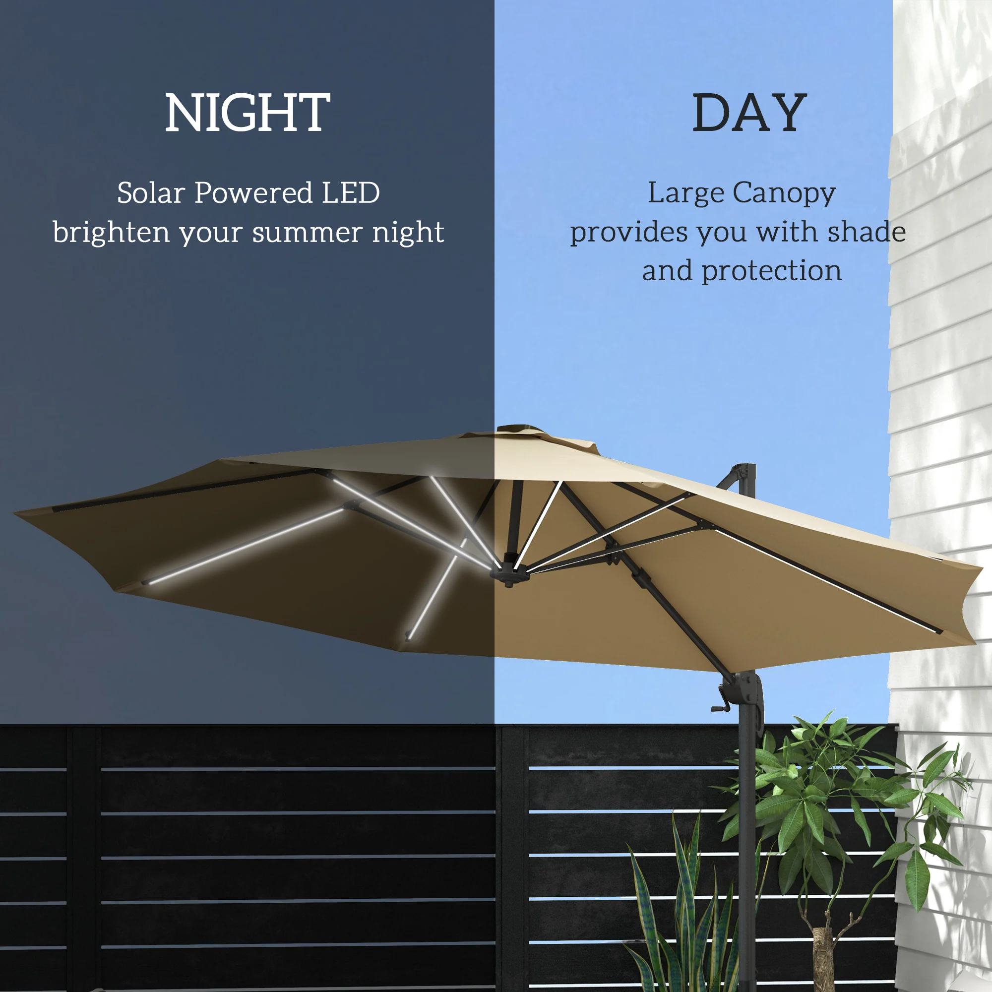 Outsunny 3(m) Solar LED Cantilever Parasol Adjustable Garden Umbrella - Khaki/Grey - Image 3