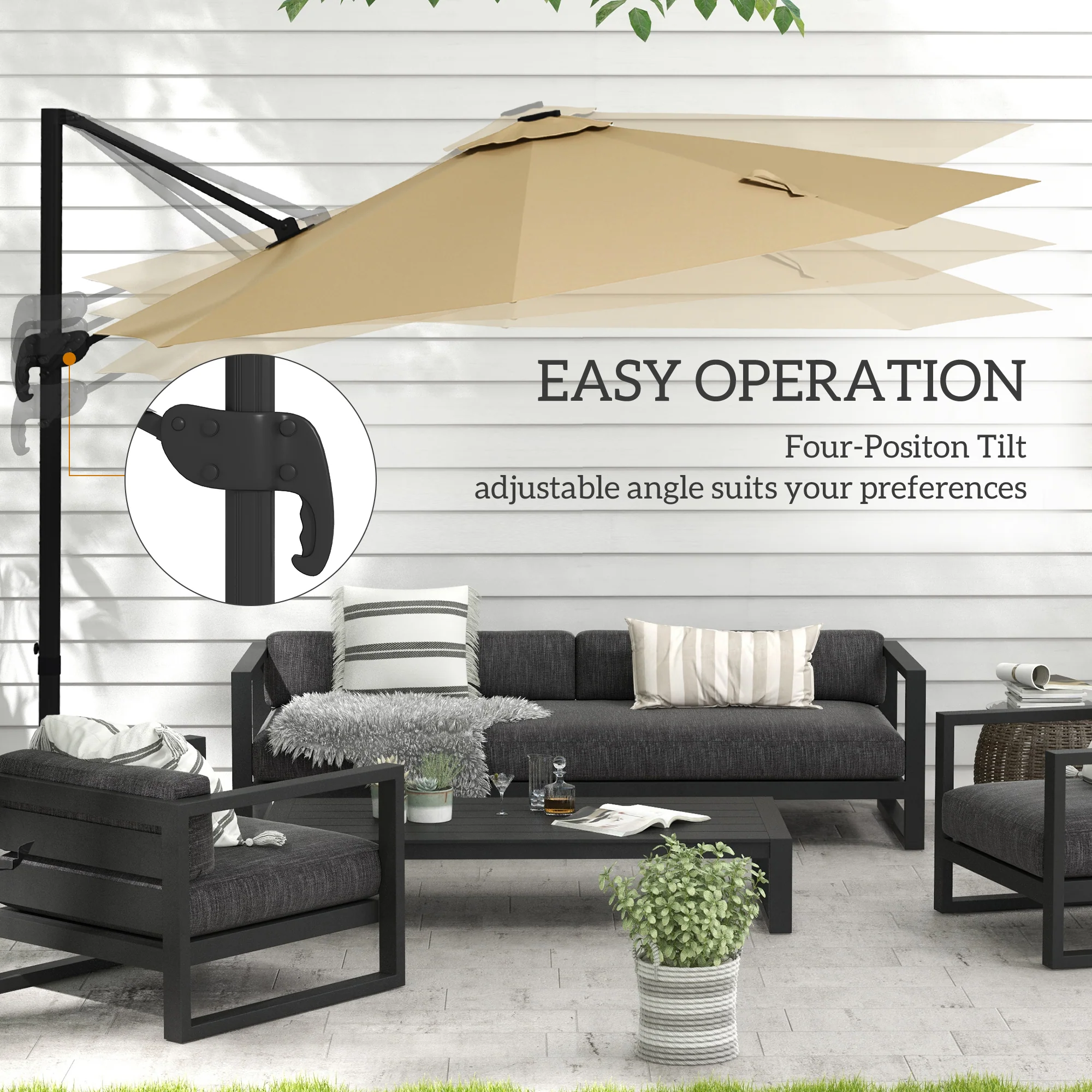 Outsunny 3(m) Solar LED Cantilever Parasol Adjustable Garden Umbrella - Khaki/Grey - Image 4