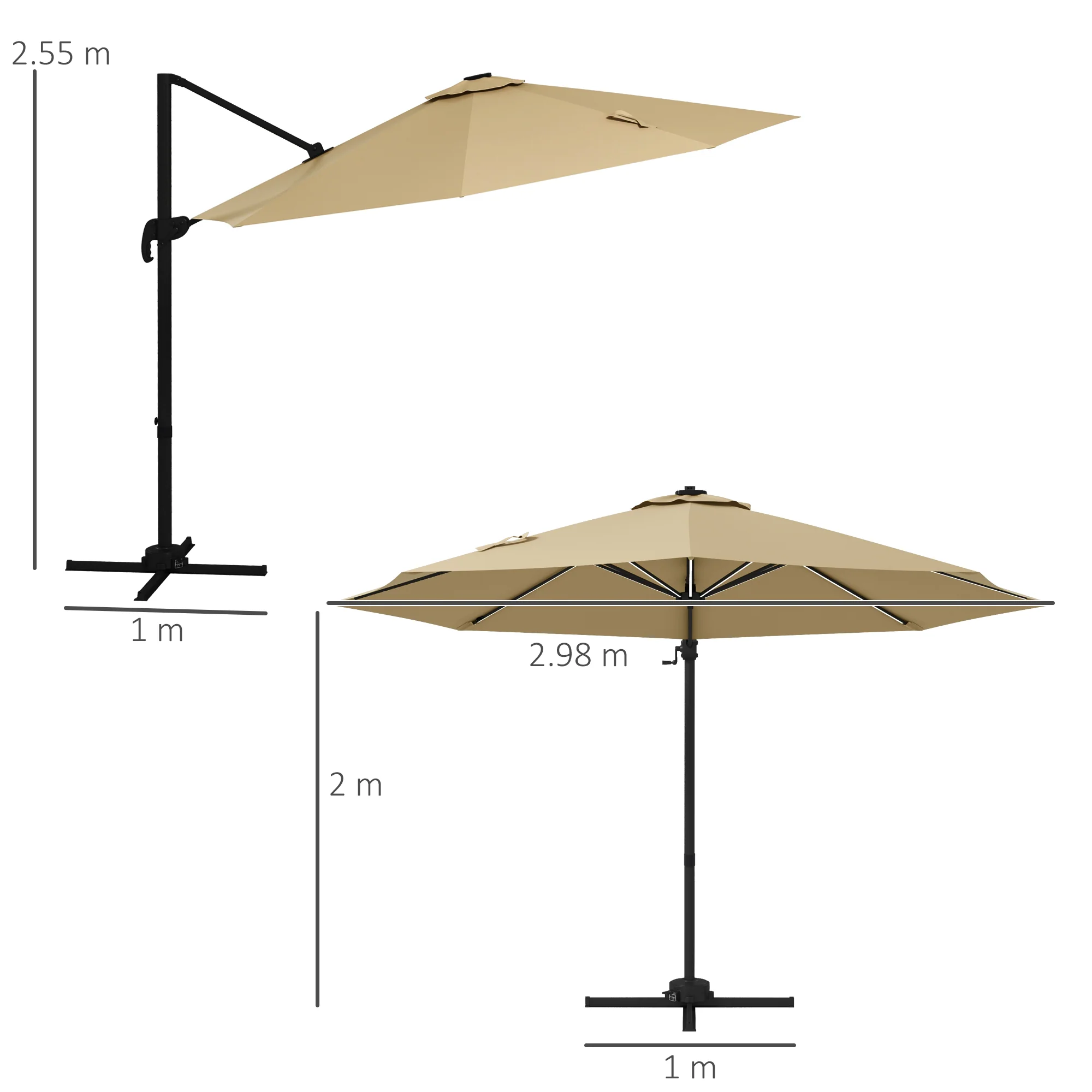 Outsunny 3(m) Solar LED Cantilever Parasol Adjustable Garden Umbrella - Khaki/Grey - Image 5