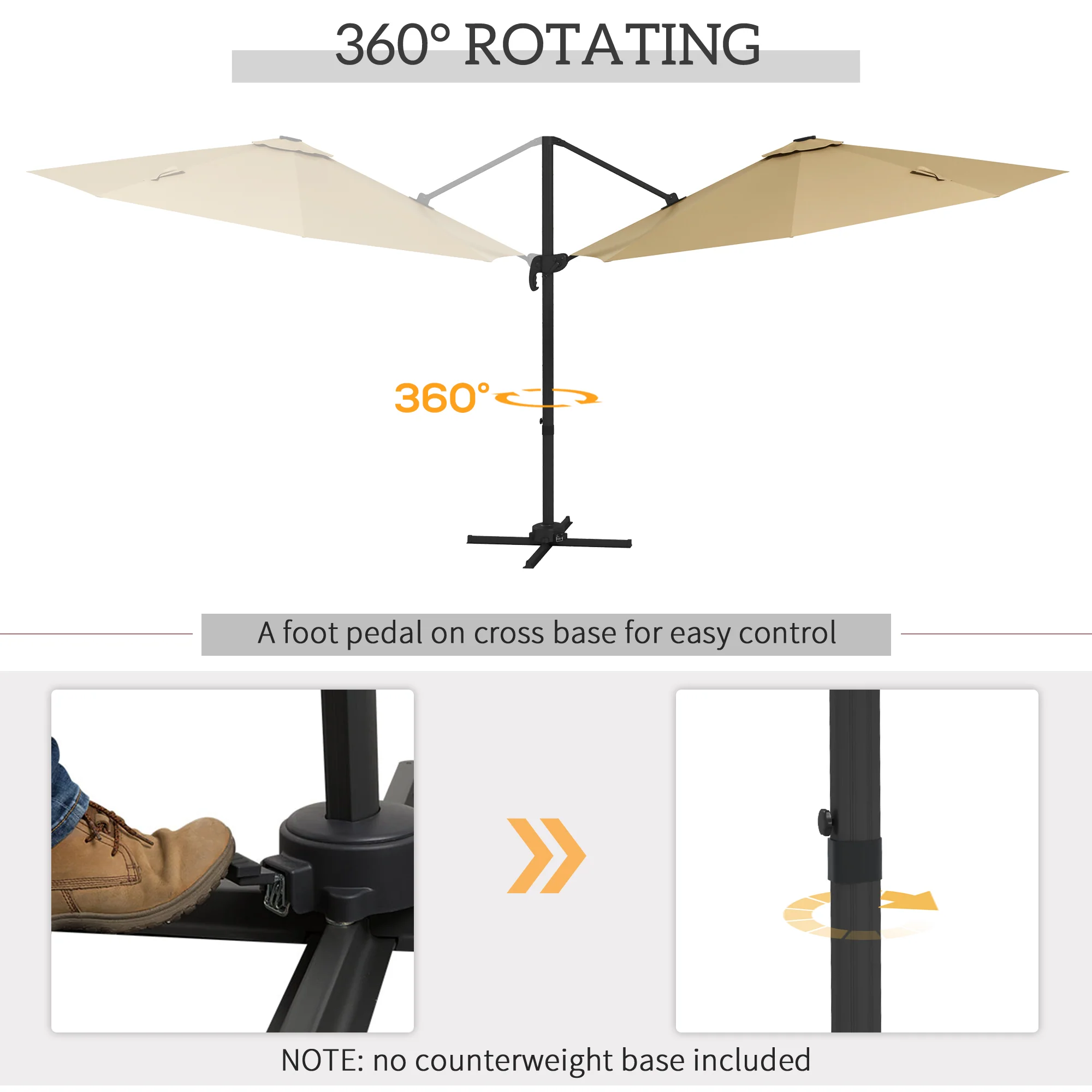 Outsunny 3(m) Solar LED Cantilever Parasol Adjustable Garden Umbrella - Khaki/Grey - Image 6