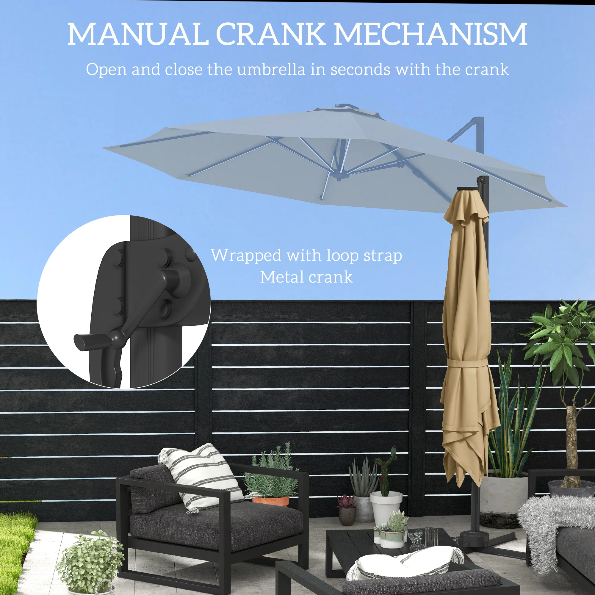 Outsunny 3(m) Solar LED Cantilever Parasol Adjustable Garden Umbrella - Khaki/Grey - Image 7