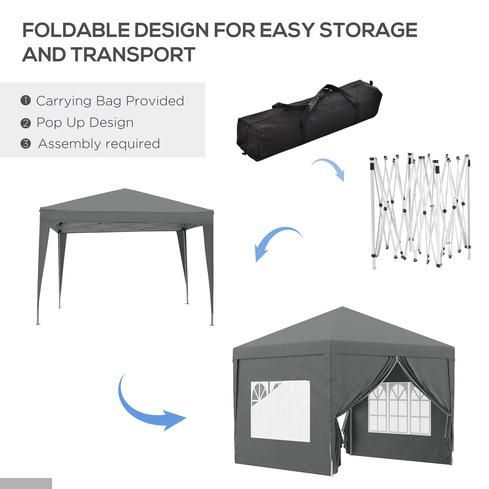 Outsunny 3mx3m Pop Up Gazebo Party Tent Canopy Marquee With Storage Bag Grey - Image 4