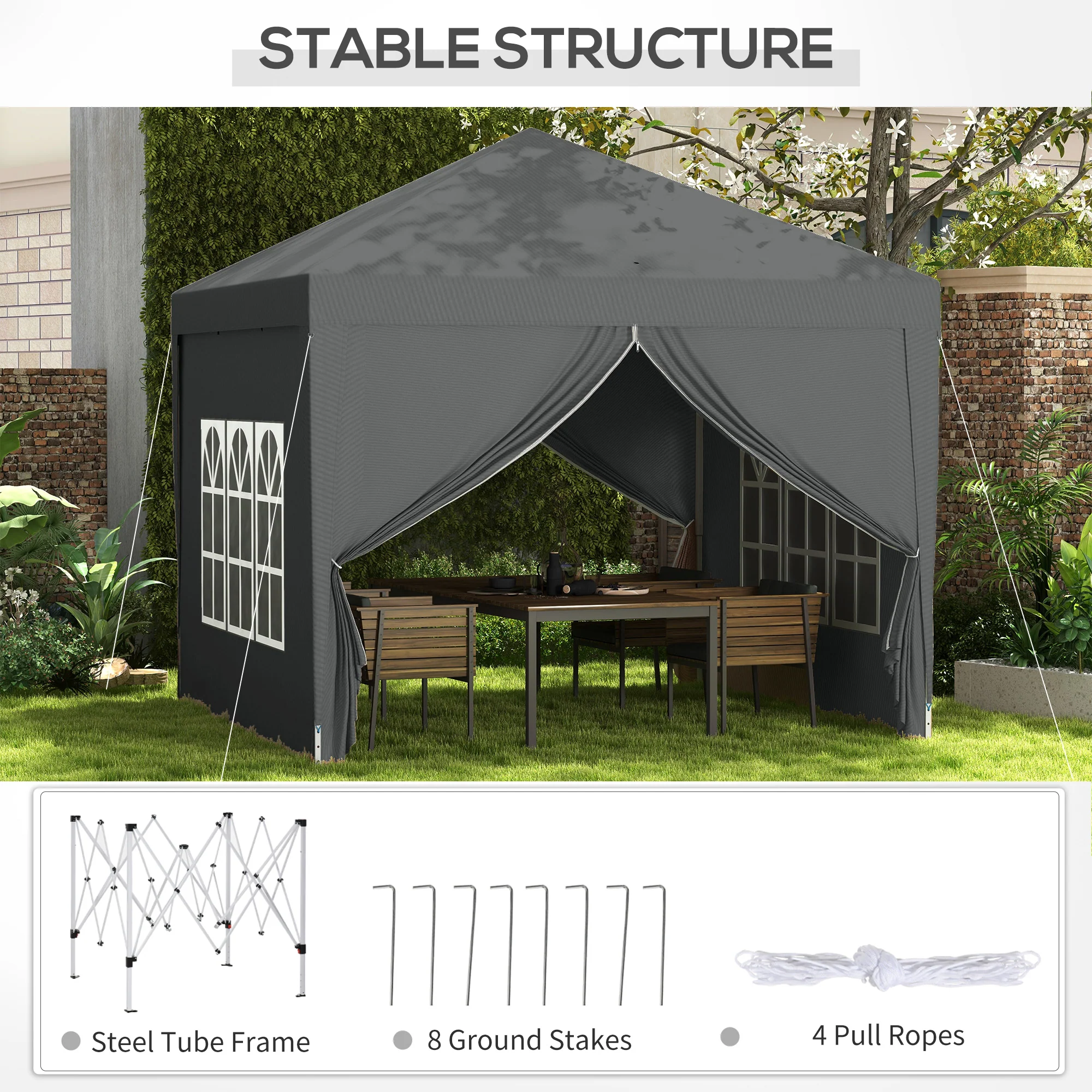 Outsunny 3mx3m Pop Up Gazebo Party Tent Canopy Marquee With Storage Bag Grey - Image 7
