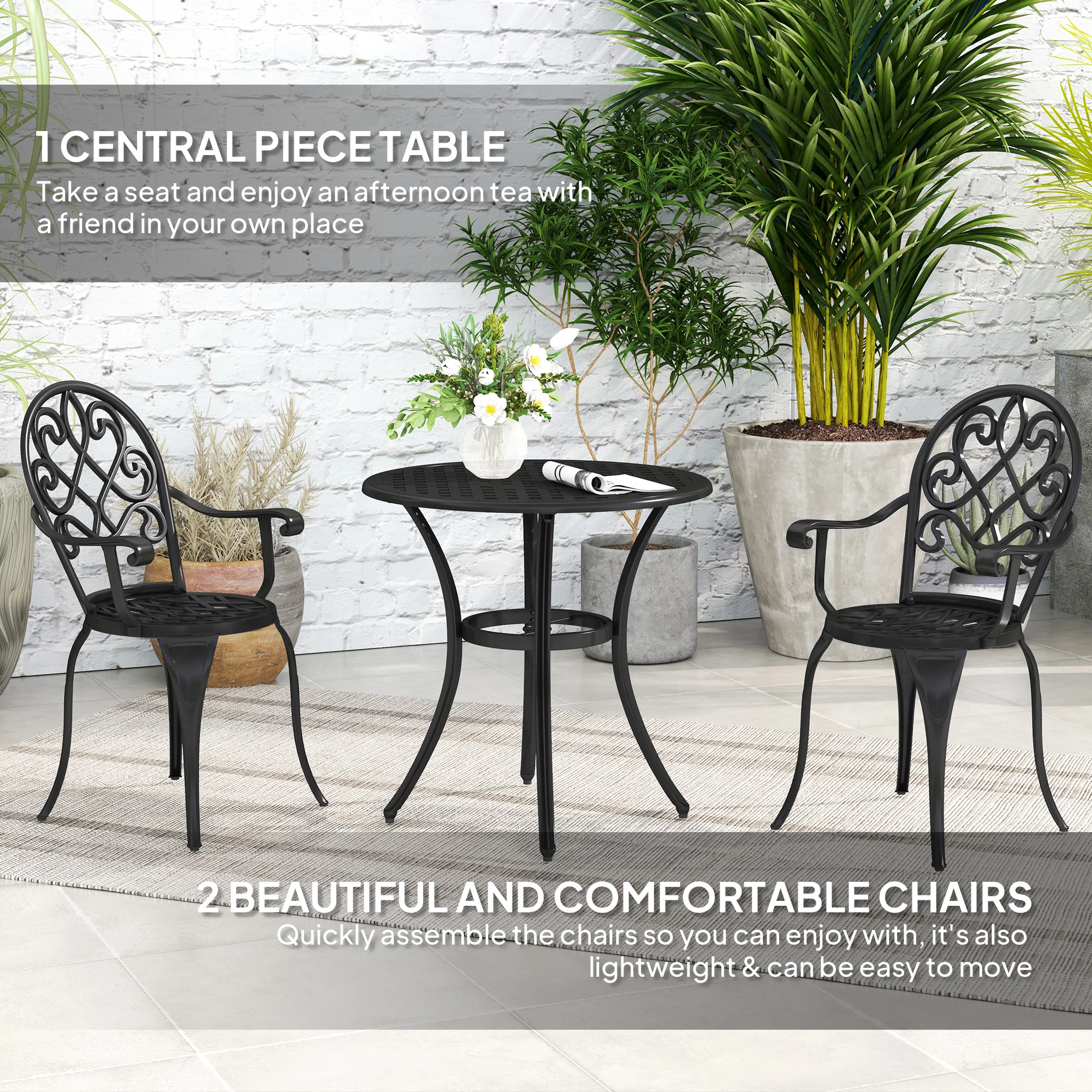 Outsunny 3PCs Bistro Set, Aluminium Garden Table and Chairs - Image 3