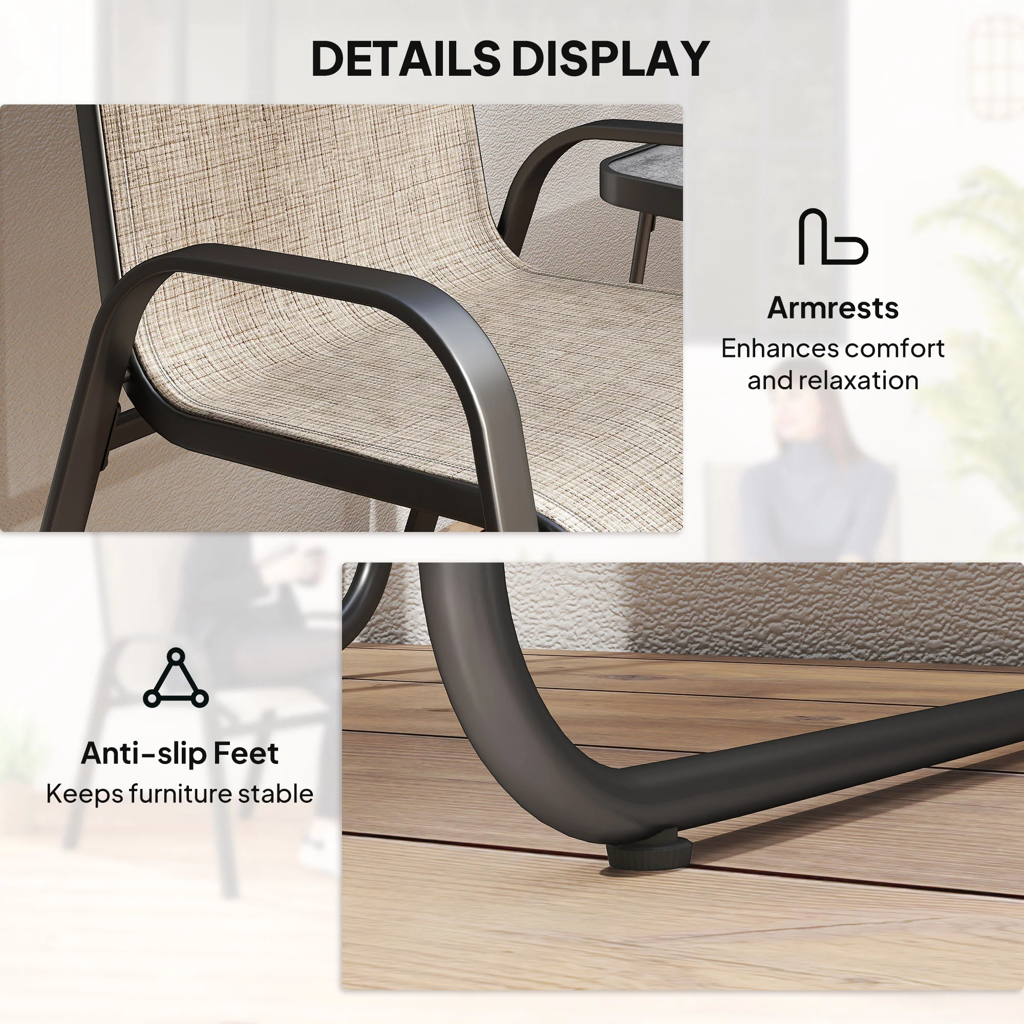 Outsunny 3PCs Bistro Set w/ Breathable Mesh Fabric & PSC Board Top Table, Brown - Image 13