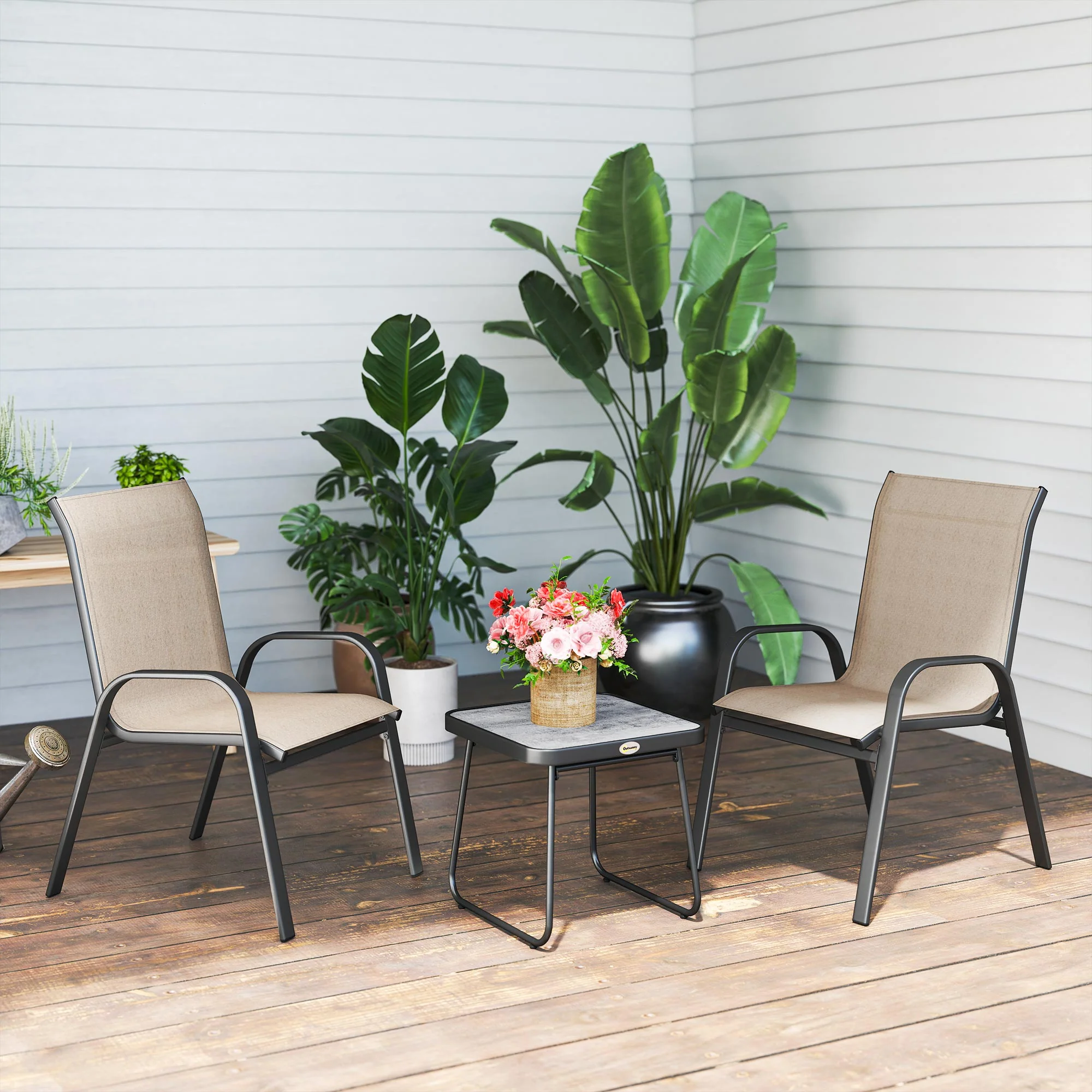 Outsunny 3PCs Bistro Set w/ Breathable Mesh Fabric & PSC Board Top Table, Brown - Image 15