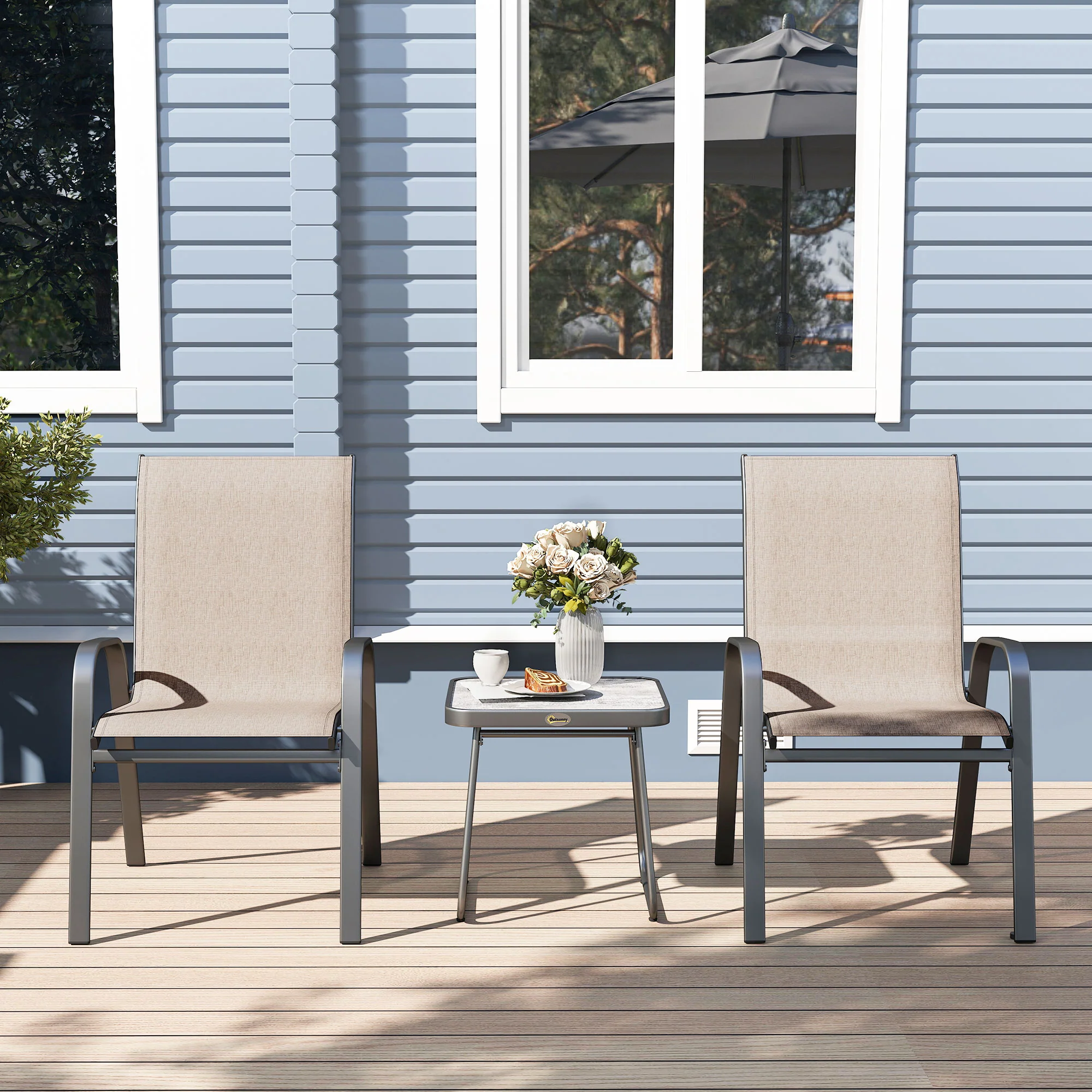 Outsunny 3PCs Bistro Set w/ Breathable Mesh Fabric & PSC Board Top Table, Brown - Image 16